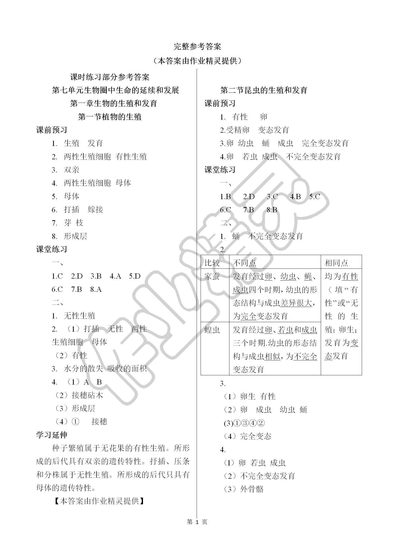 2019年基础训练八年级生物学下册人教版大象出版社 参考答案第1页