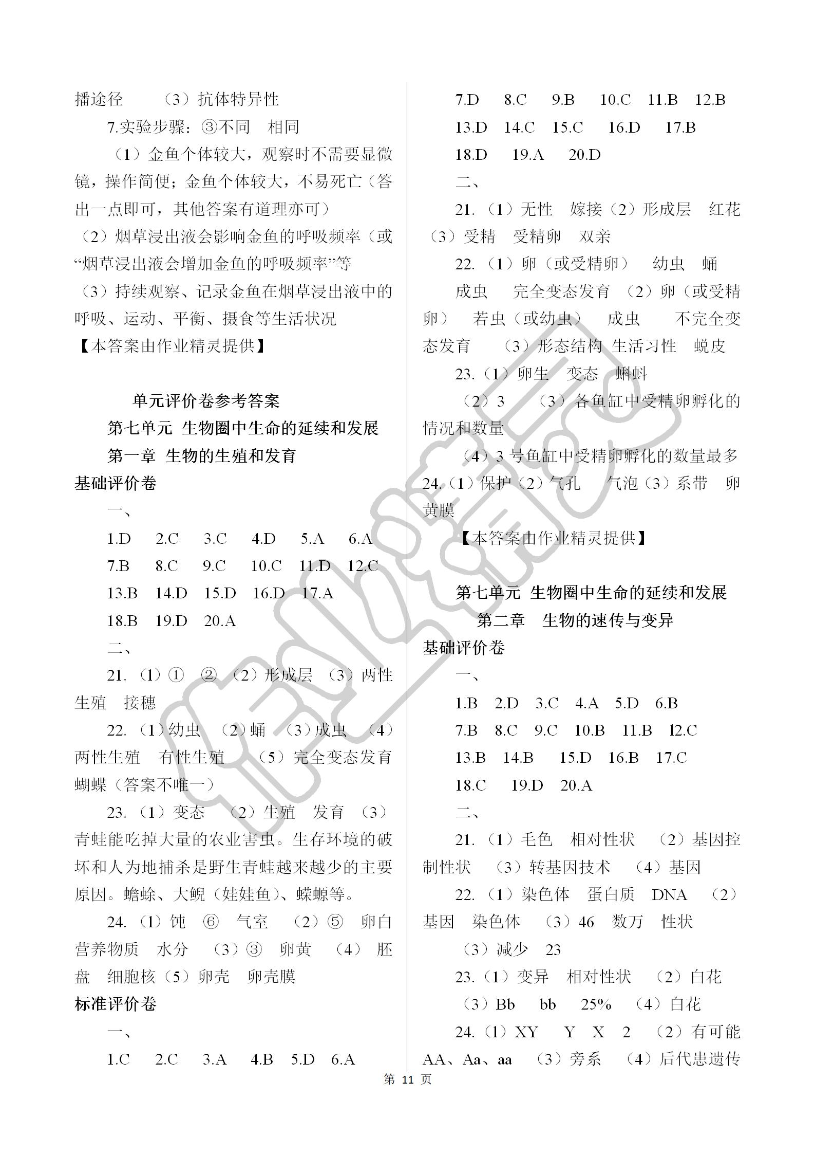 2019年基础训练八年级生物学下册人教版大象出版社 参考答案第11页