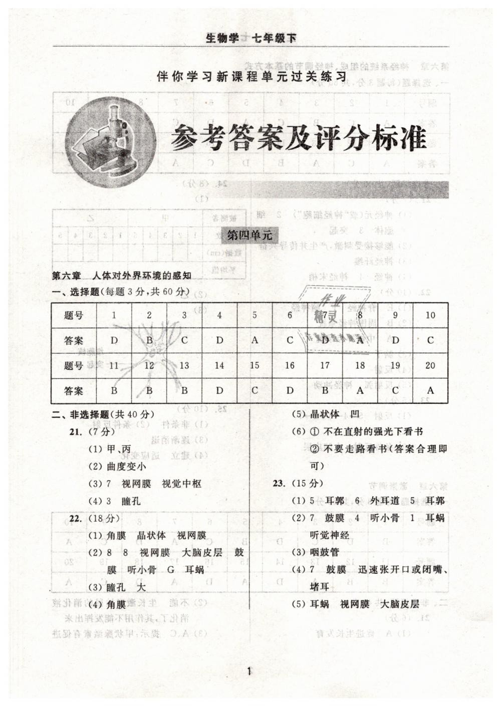 2019年伴你學(xué)習(xí)新課程單元過關(guān)練習(xí)七年級生物學(xué)下冊 第1頁