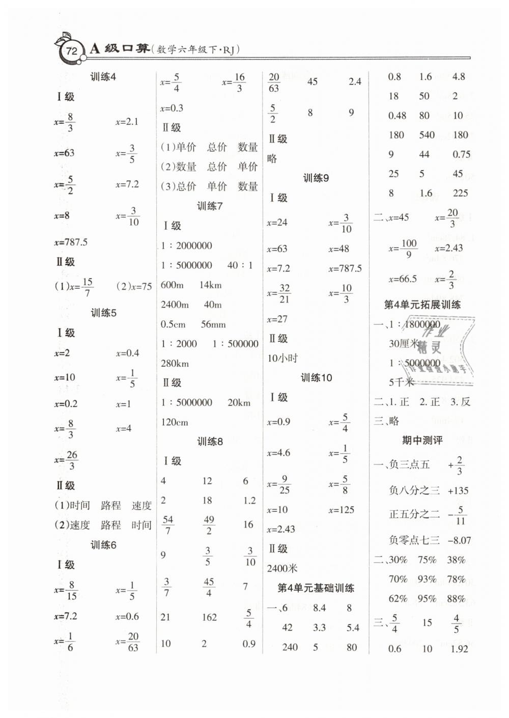 2019年A级口算六年级数学下册人教版 第4页