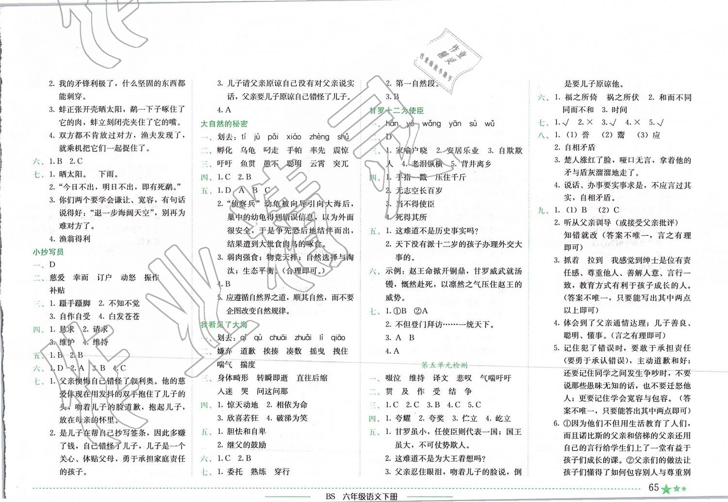 2019年黃岡小狀元作業(yè)本六年級語文下冊北師大版四川專版 第5頁