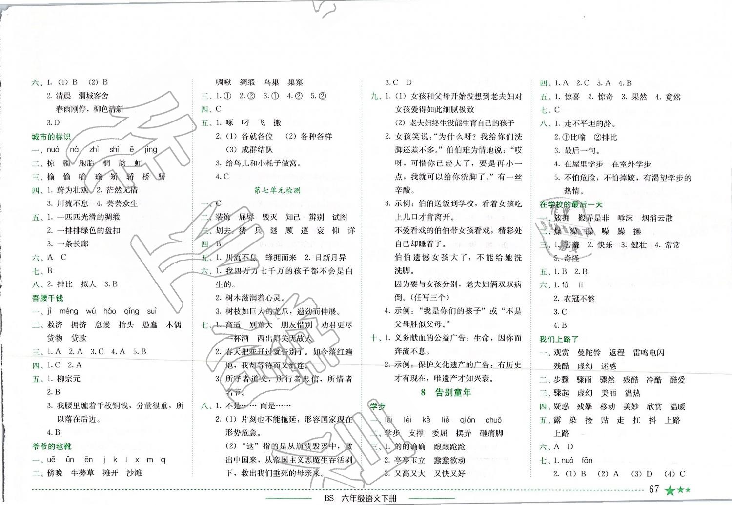 2019年黃岡小狀元作業(yè)本六年級語文下冊北師大版四川專版 第7頁