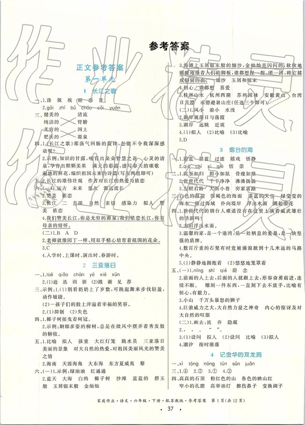 2019年家庭作業(yè)六年級(jí)語文下冊蘇教版 第1頁