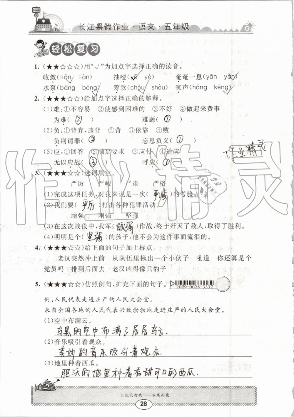 2019年长江暑假作业五年级语文崇文书局 第28页