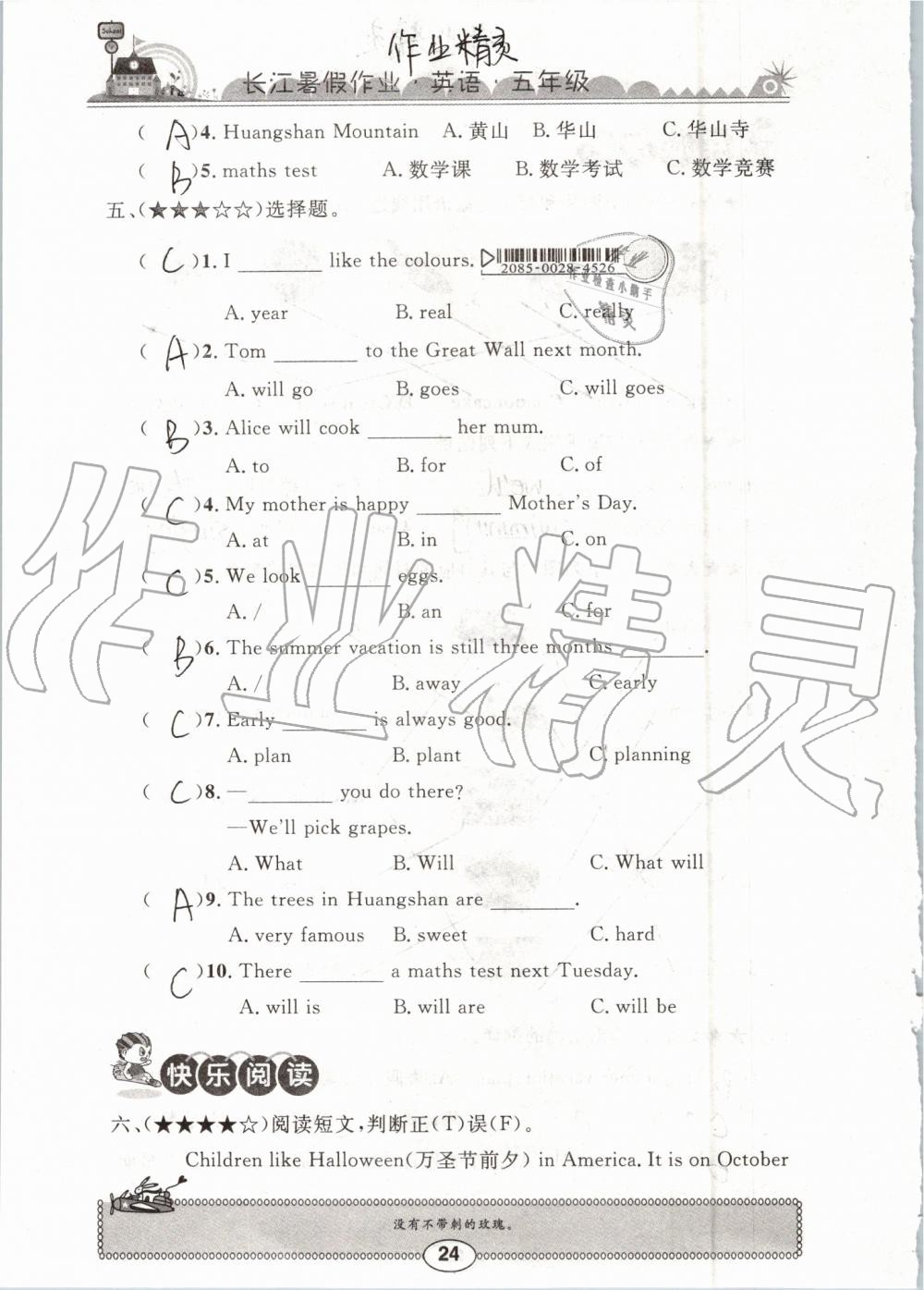 2019年长江暑假作业五年级英语崇文书局 参考答案第24页