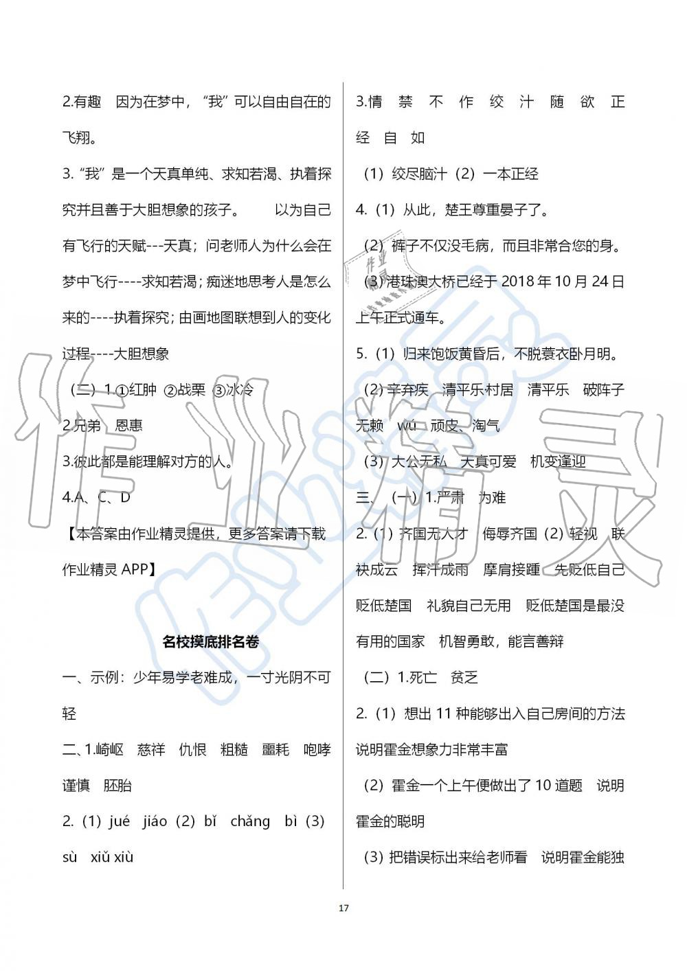 2019年期末沖刺王暑假作業(yè)五年級(jí)語(yǔ)文人教版 參考答案第17頁(yè)