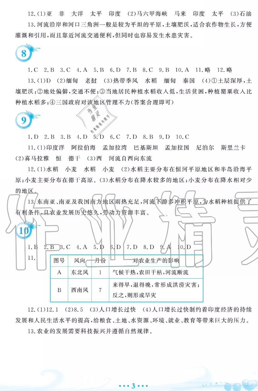 2019年暑假作业七年级地理人教版安徽教育出版社 第3页