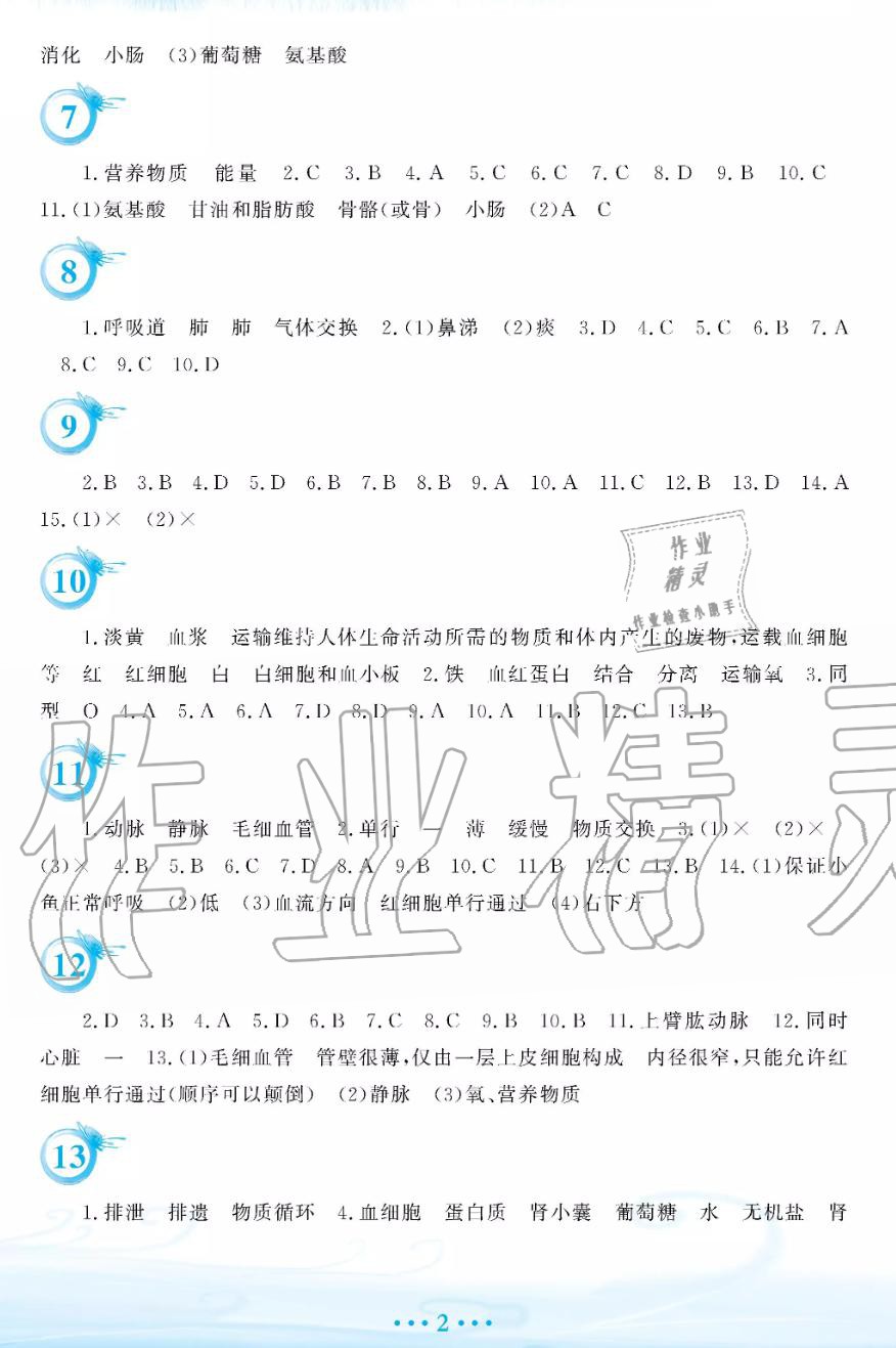 2019年暑假作业七年级生物学人教版安徽教育出版社 第2页