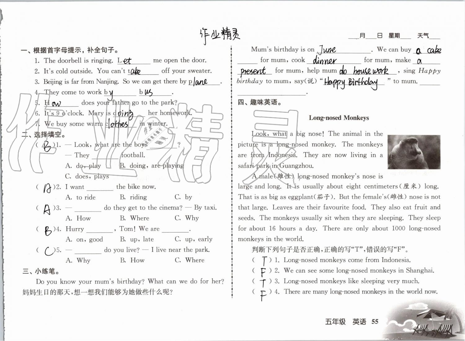 2019年愉快的暑假五年级南京出版社 参考答案第55页