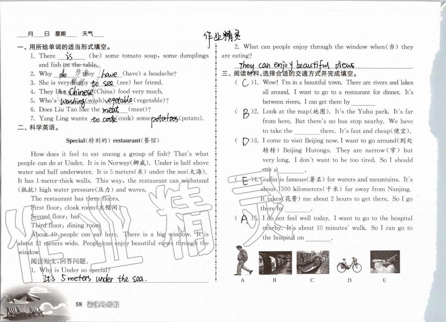 2019年愉快的暑假五年级南京出版社 参考答案第58页