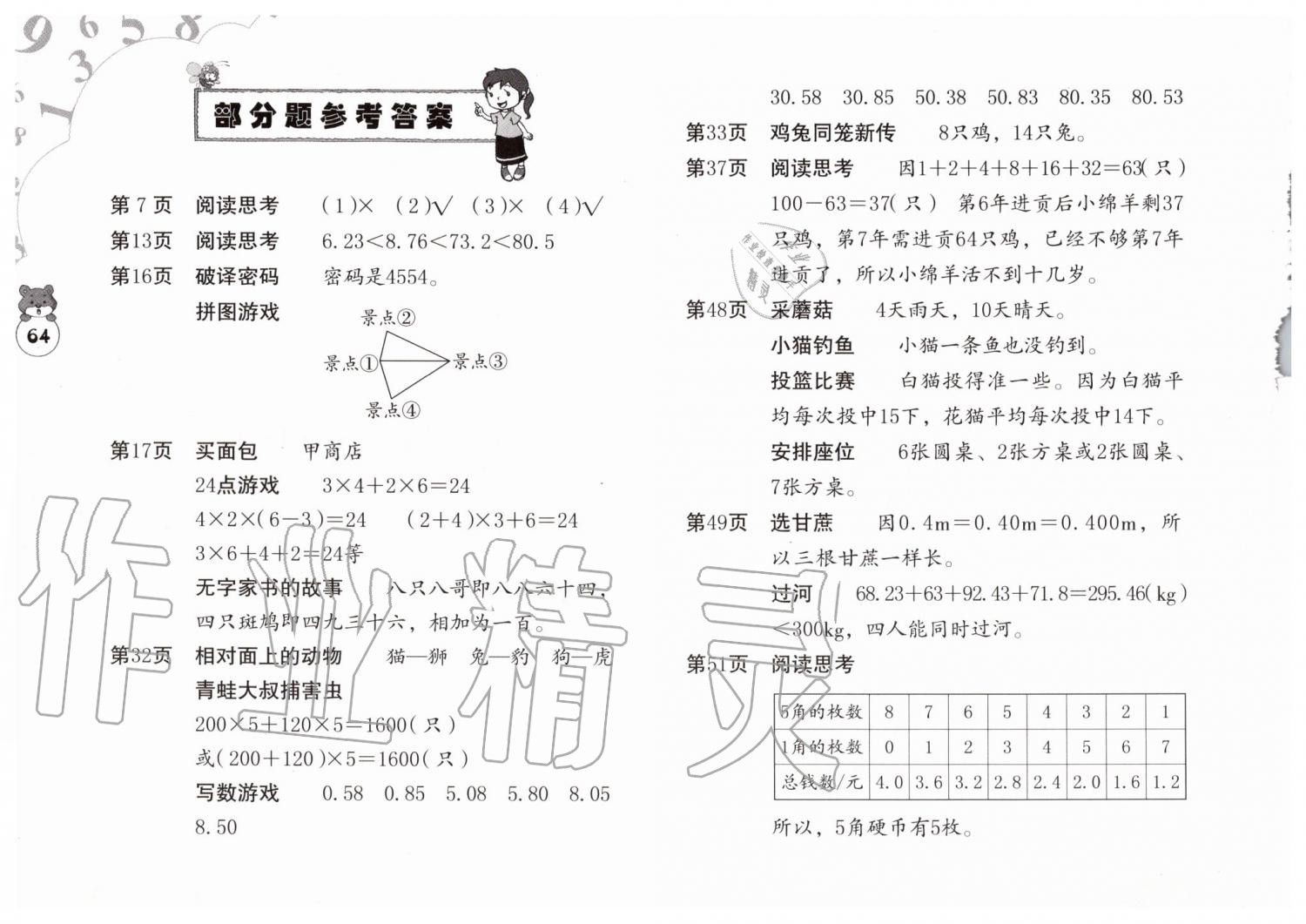 2019年数学暑假作业四年级人教版海燕出版社 参考答案第64页