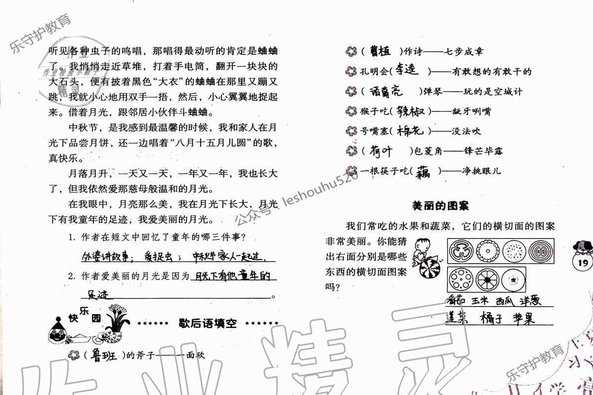 2019年语文暑假作业五年级人教版海燕出版社 参考答案第19页