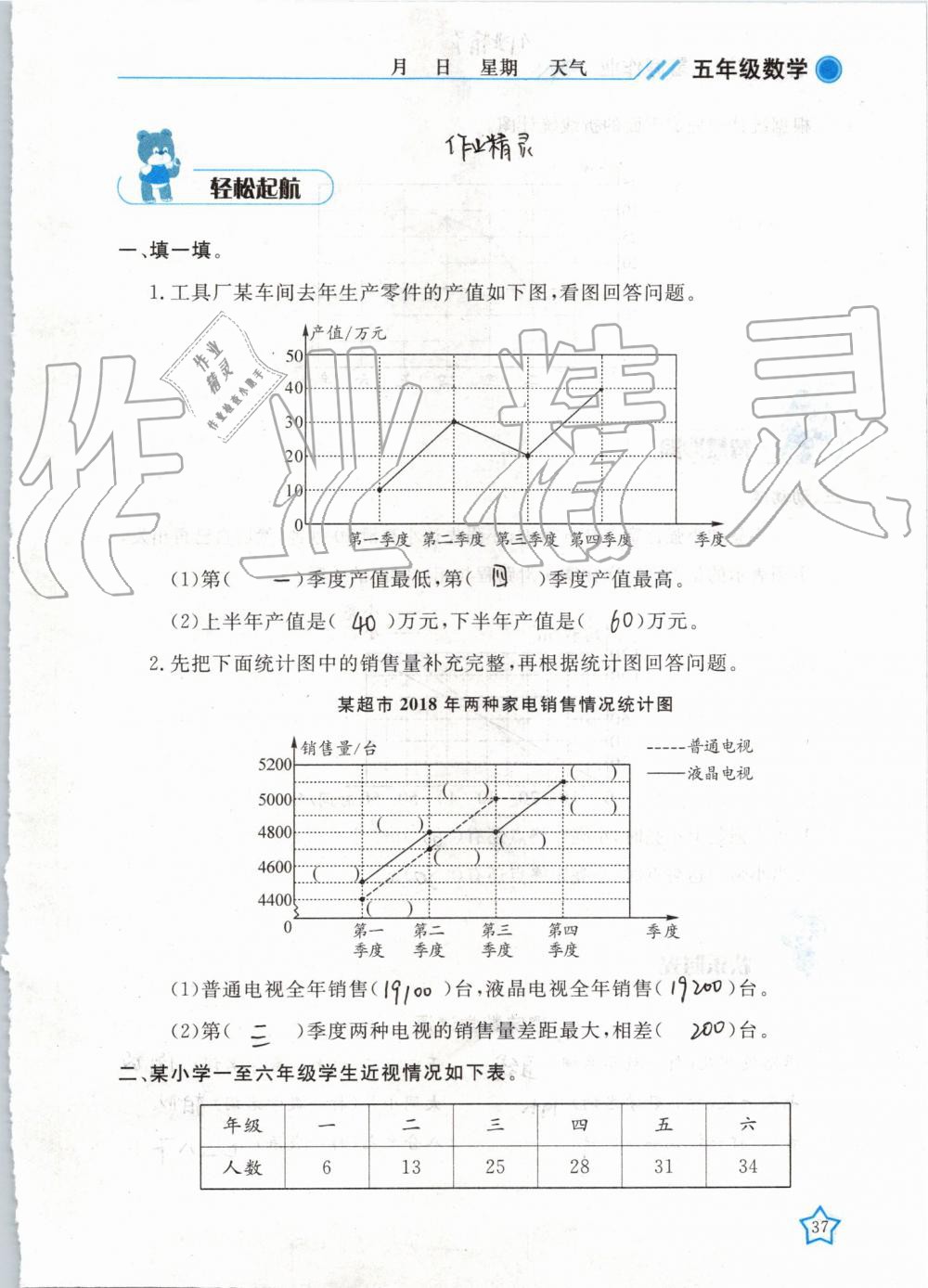 2019年暑假作业五年级数学武汉出版社 第37页