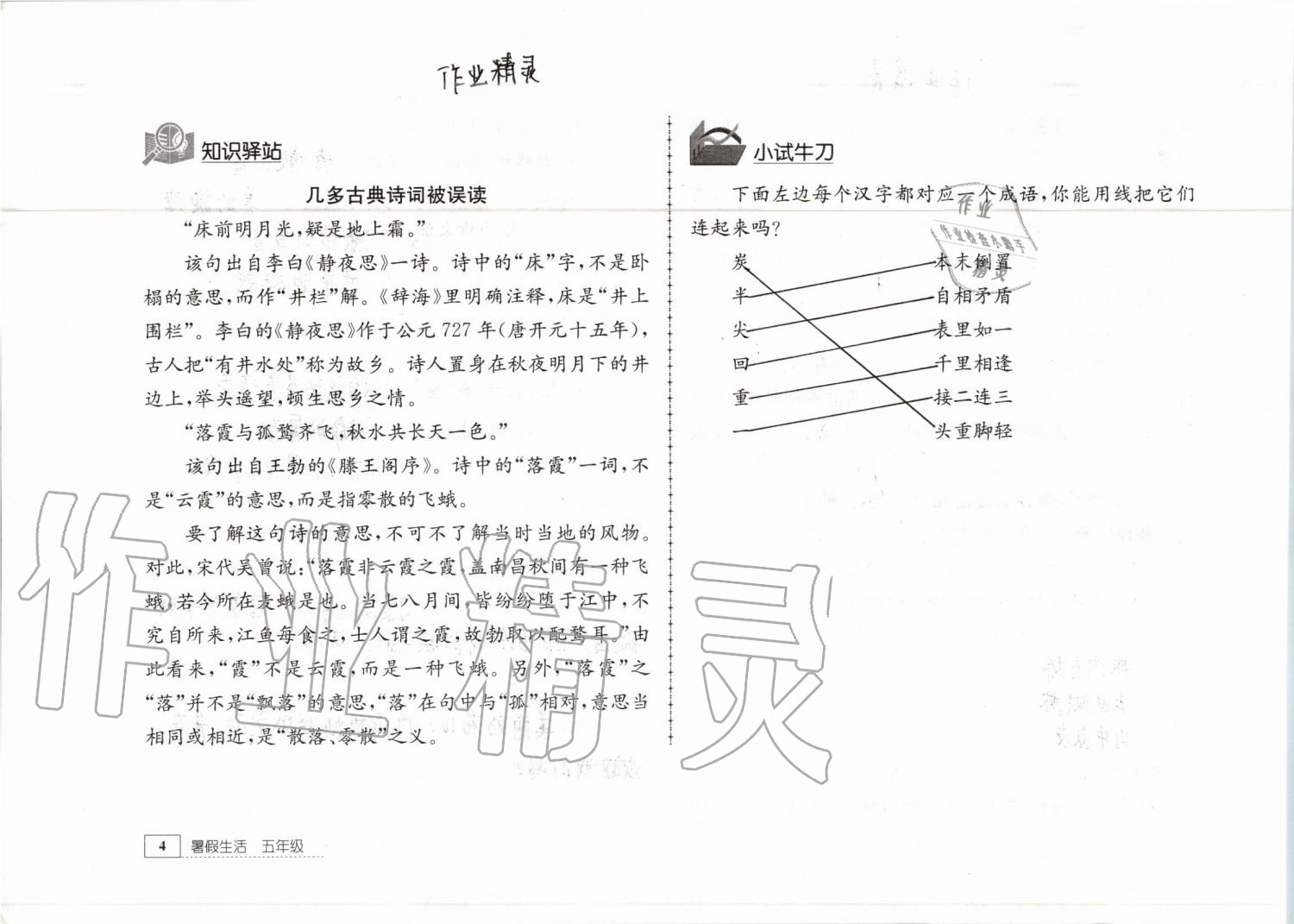 2019年暑假生活五年级教育科学出版社 参考答案第4页