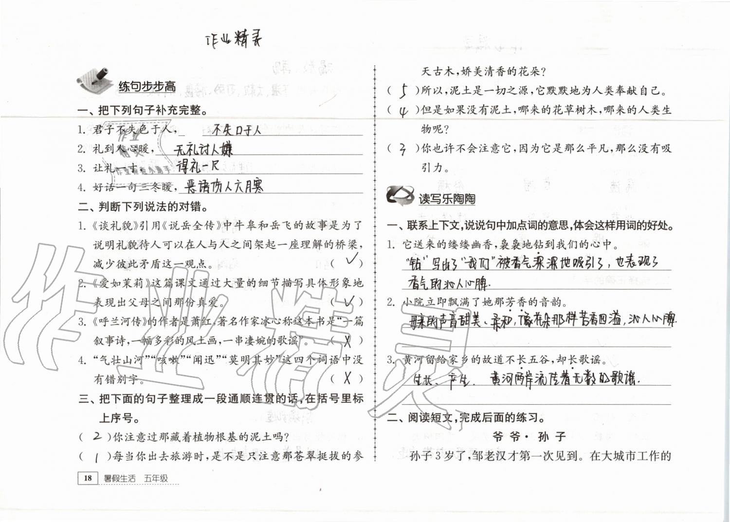 2019年暑假生活五年级教育科学出版社 参考答案第18页