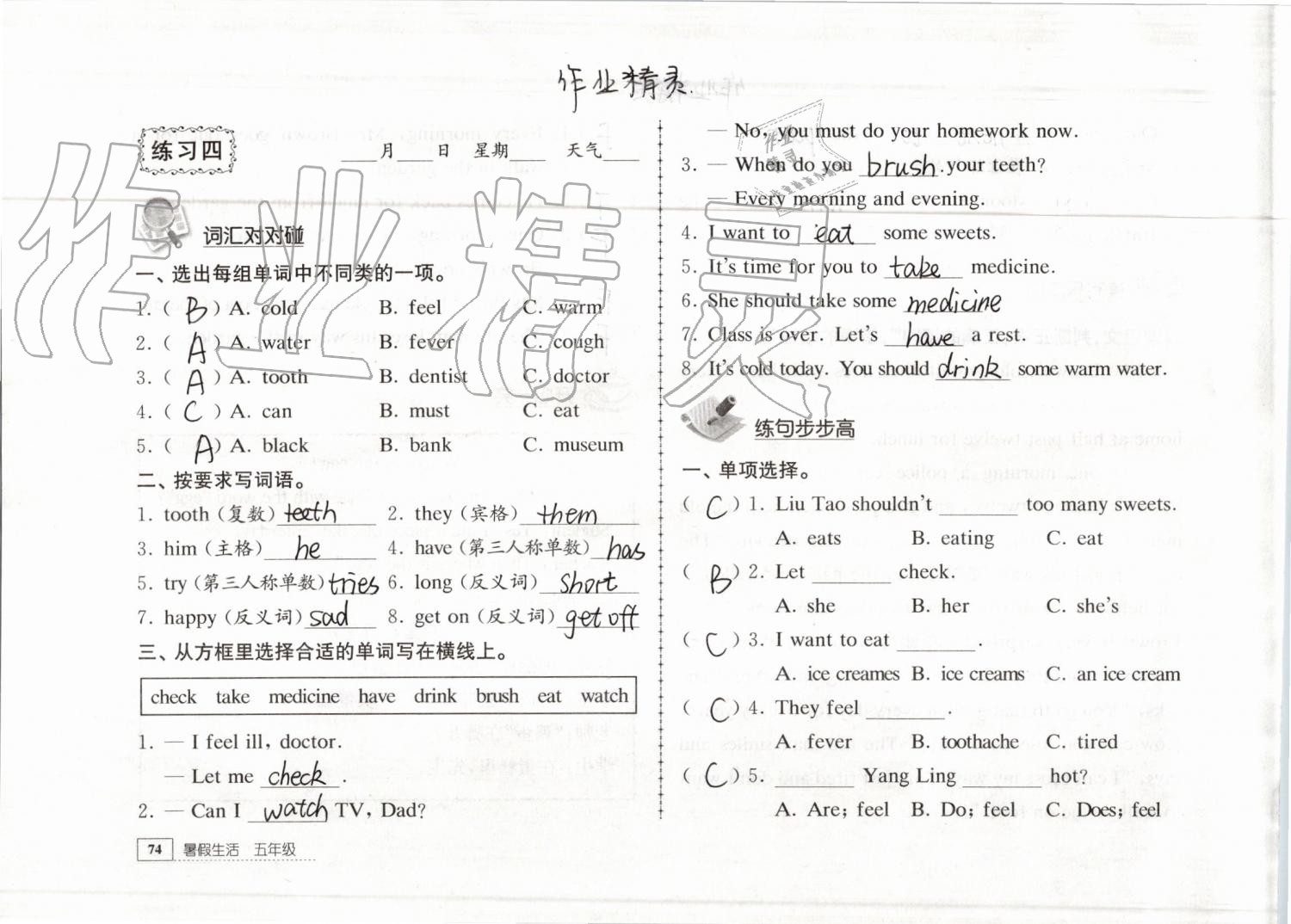 2019年暑假生活五年級(jí)教育科學(xué)出版社 參考答案第74頁(yè)