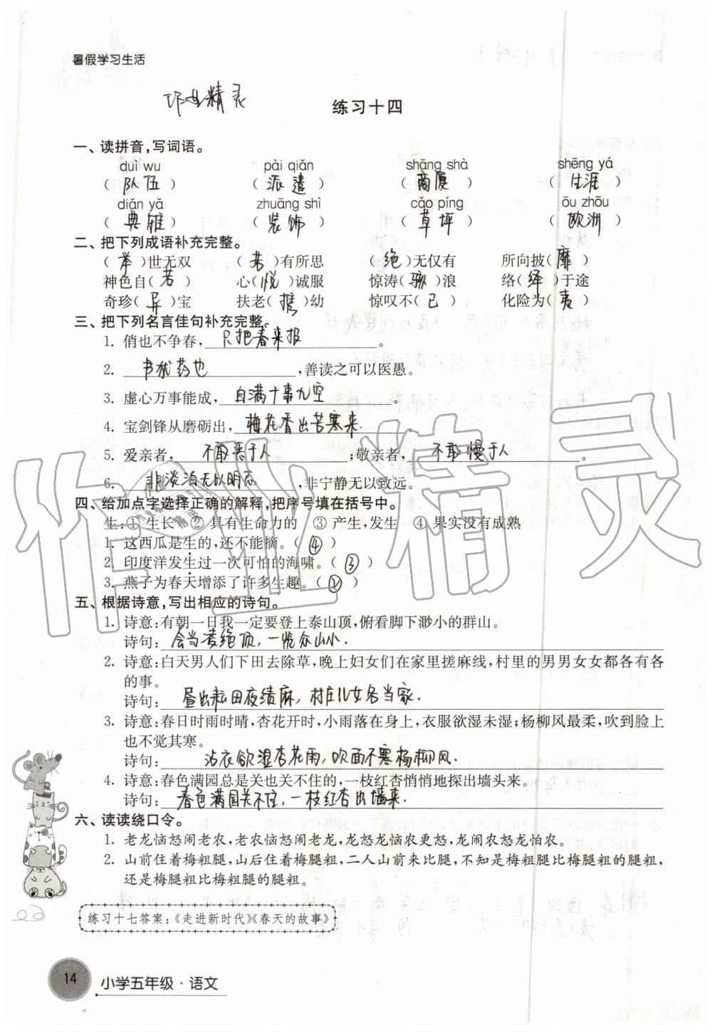 2019年暑假學(xué)習(xí)生活小學(xué)五年級(jí)譯林出版社 參考答案第14頁(yè)