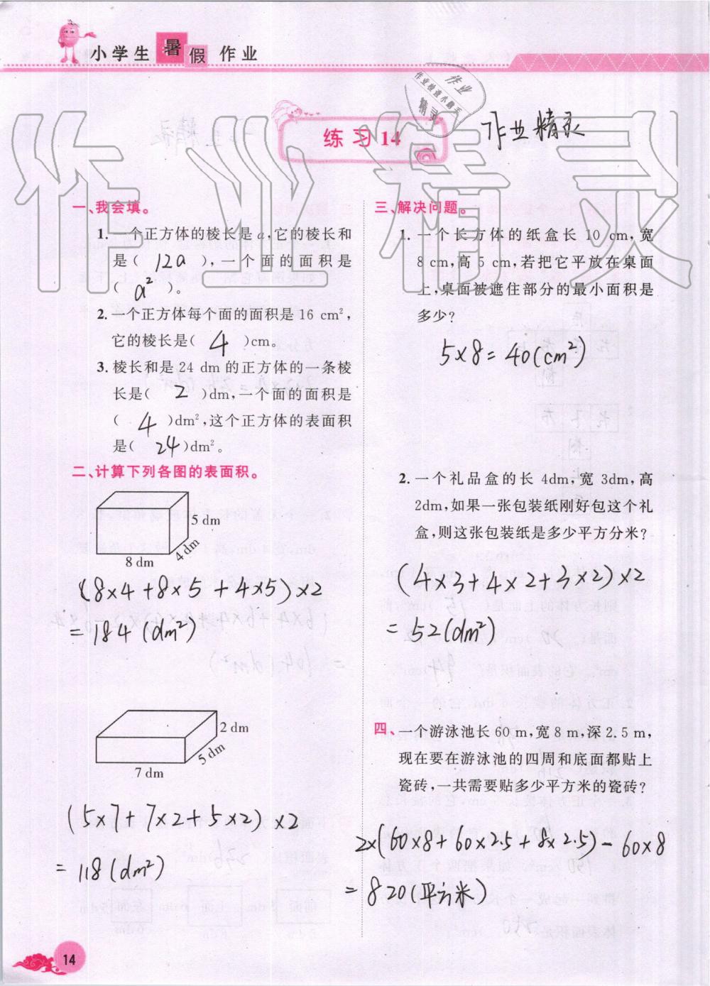 2019年芝麻开花数学暑假作业五年级下册人教版江西教育出版社 第14页