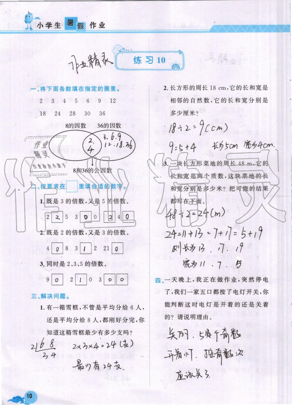 2019年芝麻开花数学暑假作业五年级下册人教版江西教育出版社 第10页