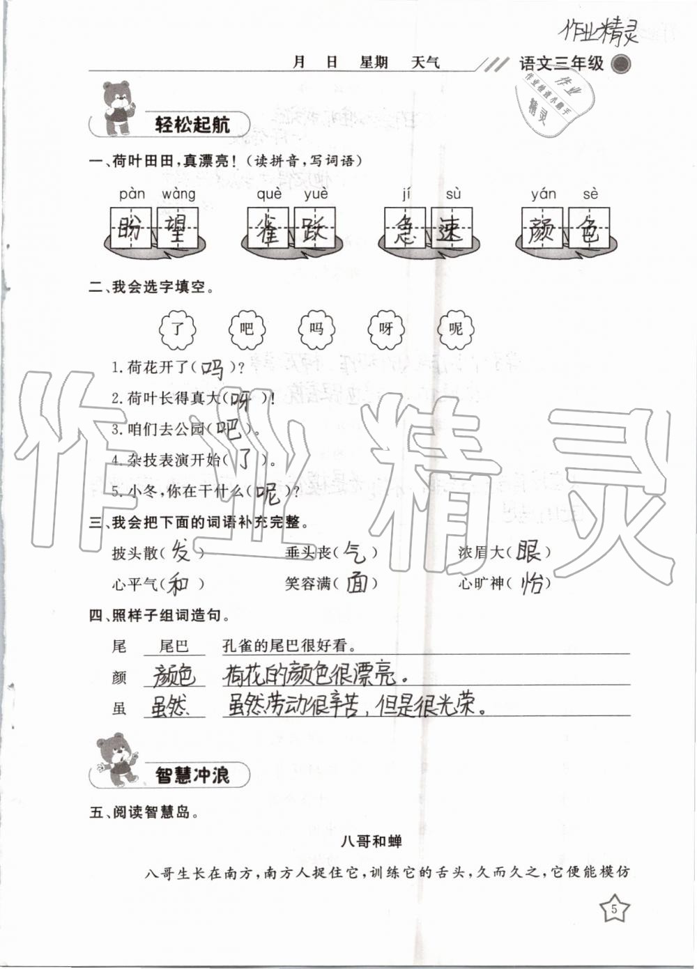 2019年湘岳假期暑假作业三年级语文湘教版 第5页