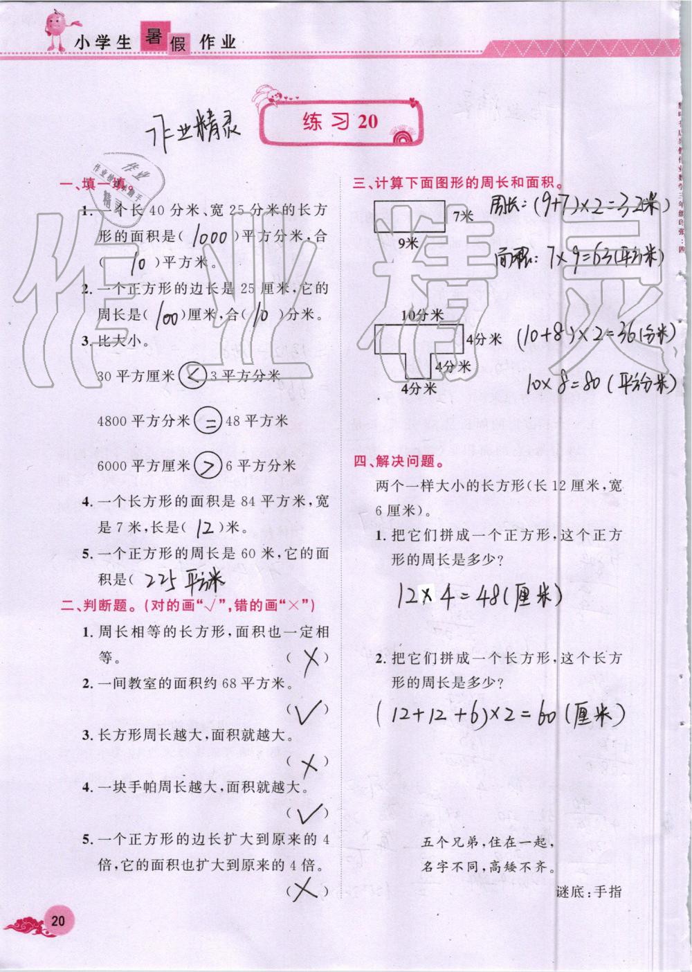 2019年芝麻开花暑假作业三年级数学人教版江西教育出版社 第20页