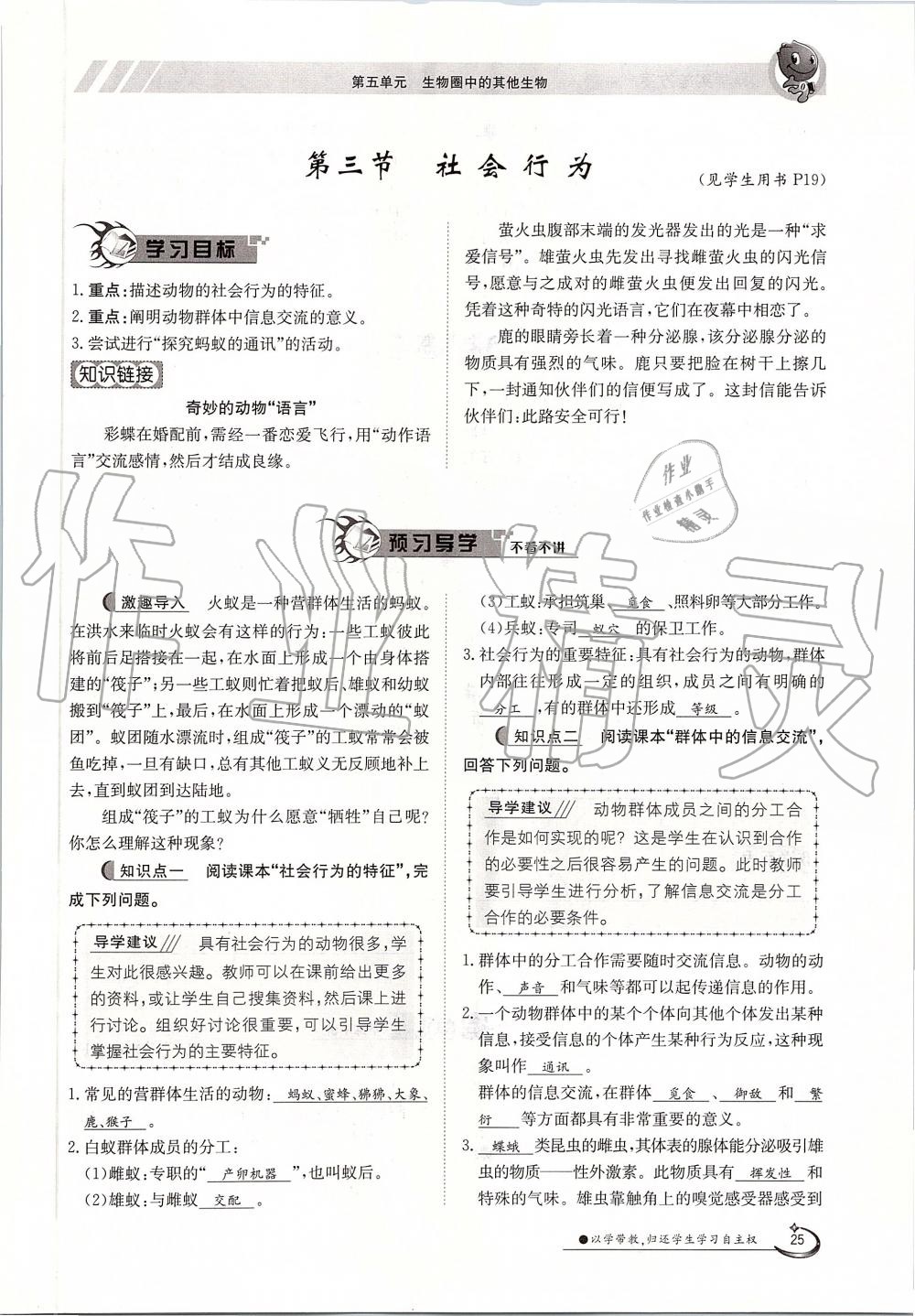 2019年金太陽導(dǎo)學(xué)案八年級生物上冊人教版 第25頁