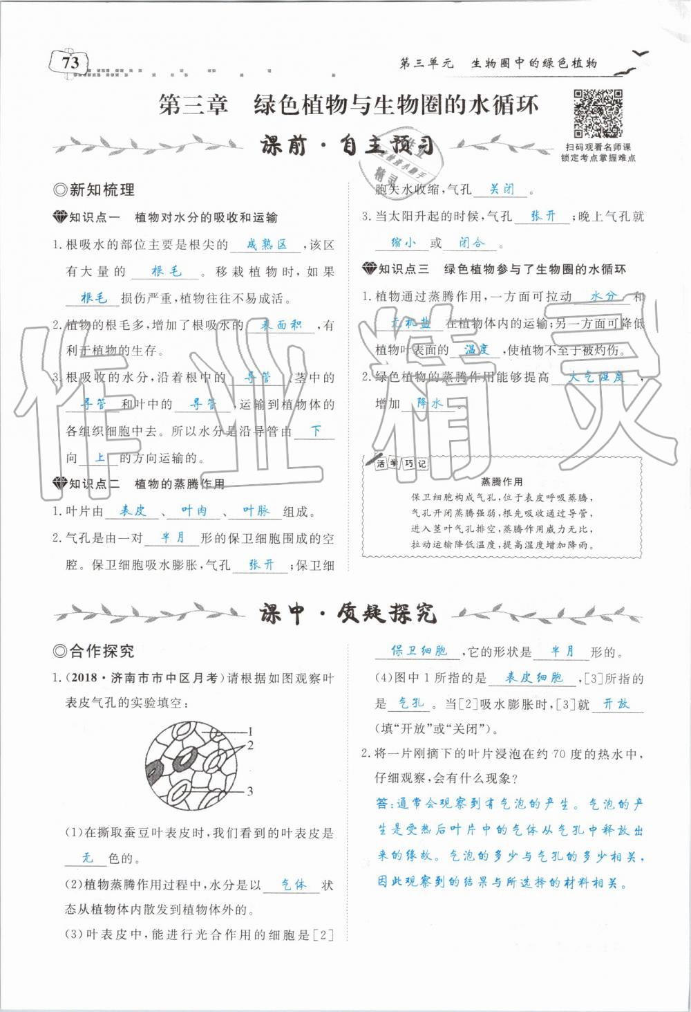 2019年351高效课堂导学案七年级生物上册人教版 第73页