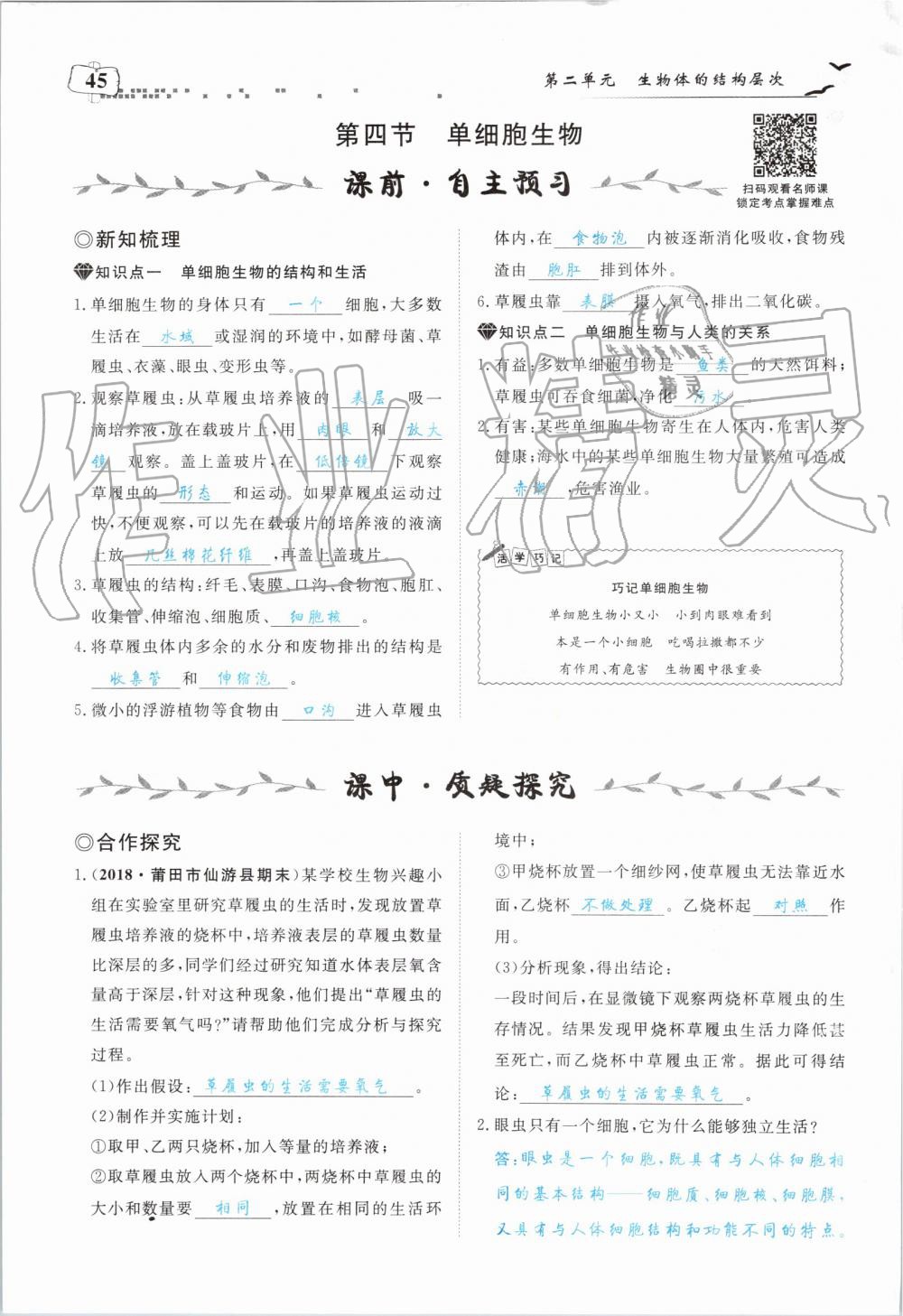 2019年351高效課堂導(dǎo)學(xué)案七年級生物上冊人教版 第45頁