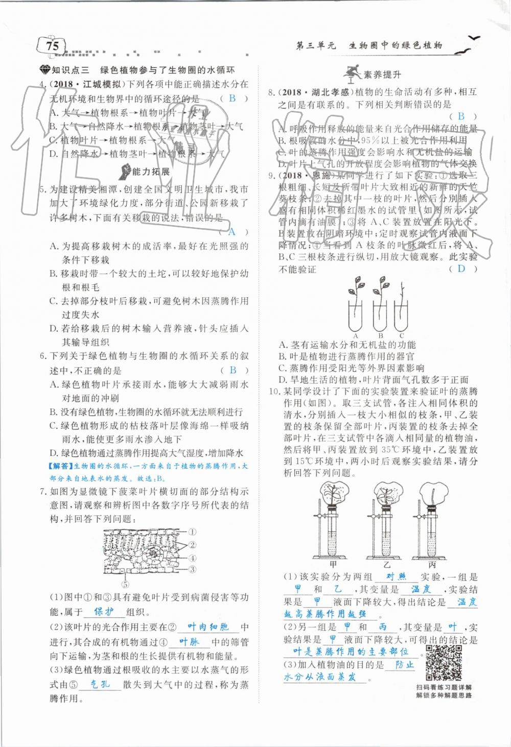 2019年351高效課堂導學案七年級生物上冊人教版 第75頁