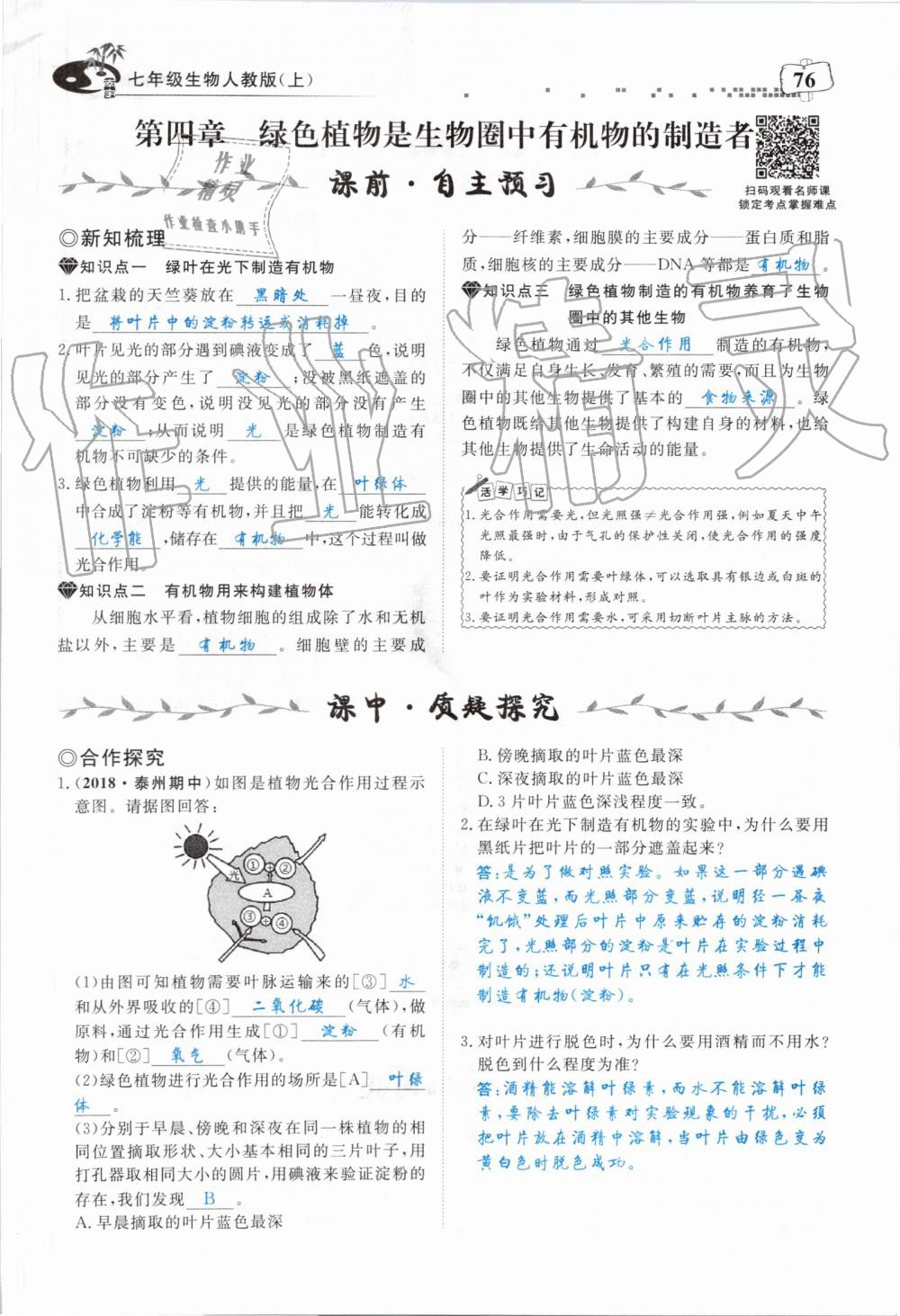 2019年351高效課堂導(dǎo)學(xué)案七年級(jí)生物上冊人教版 第76頁