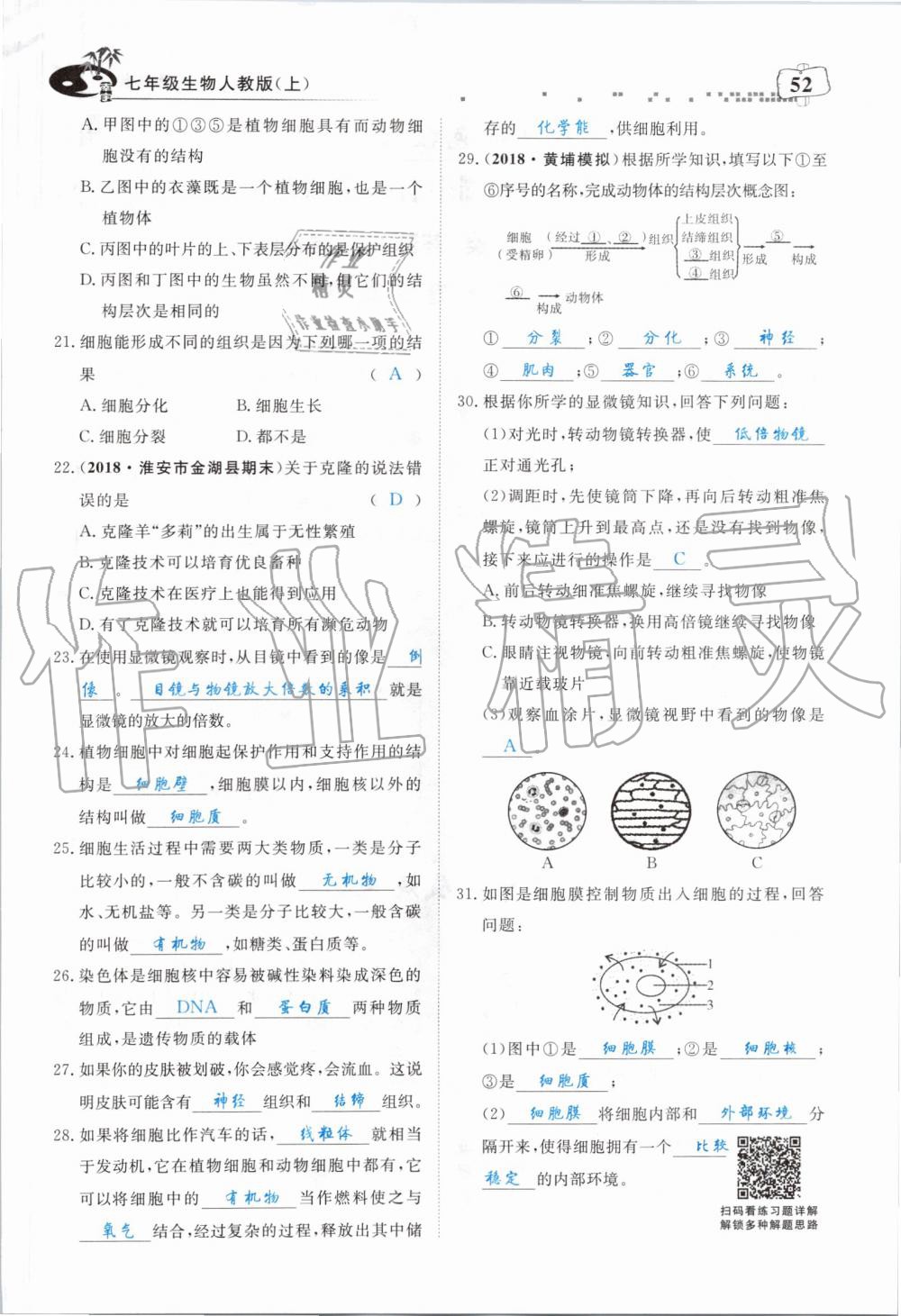 2019年351高效课堂导学案七年级生物上册人教版 第52页