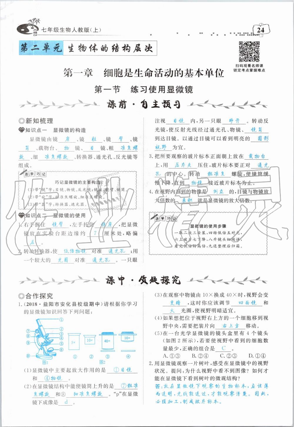 2019年351高效課堂導學案七年級生物上冊人教版 第24頁