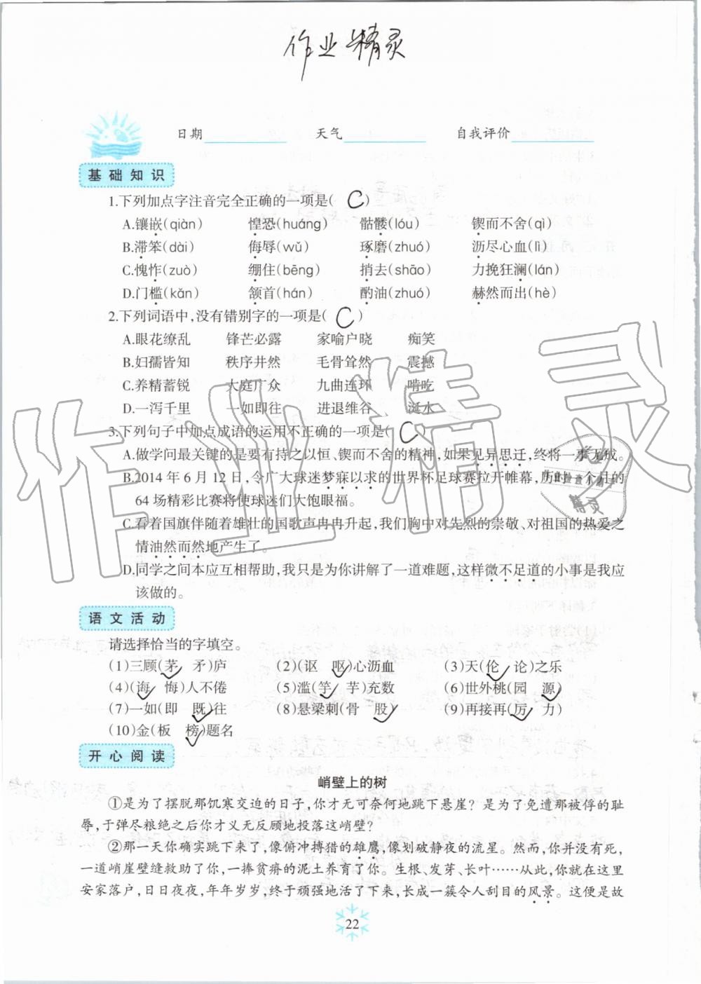 2019年高效课堂暑假作业七年级语文新疆青少年出版社 第21页