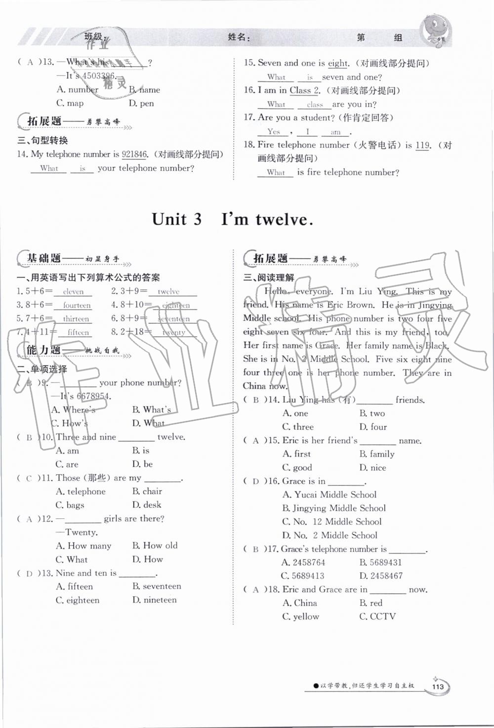 2019年金太阳导学案七年级英语上册外研版 第113页