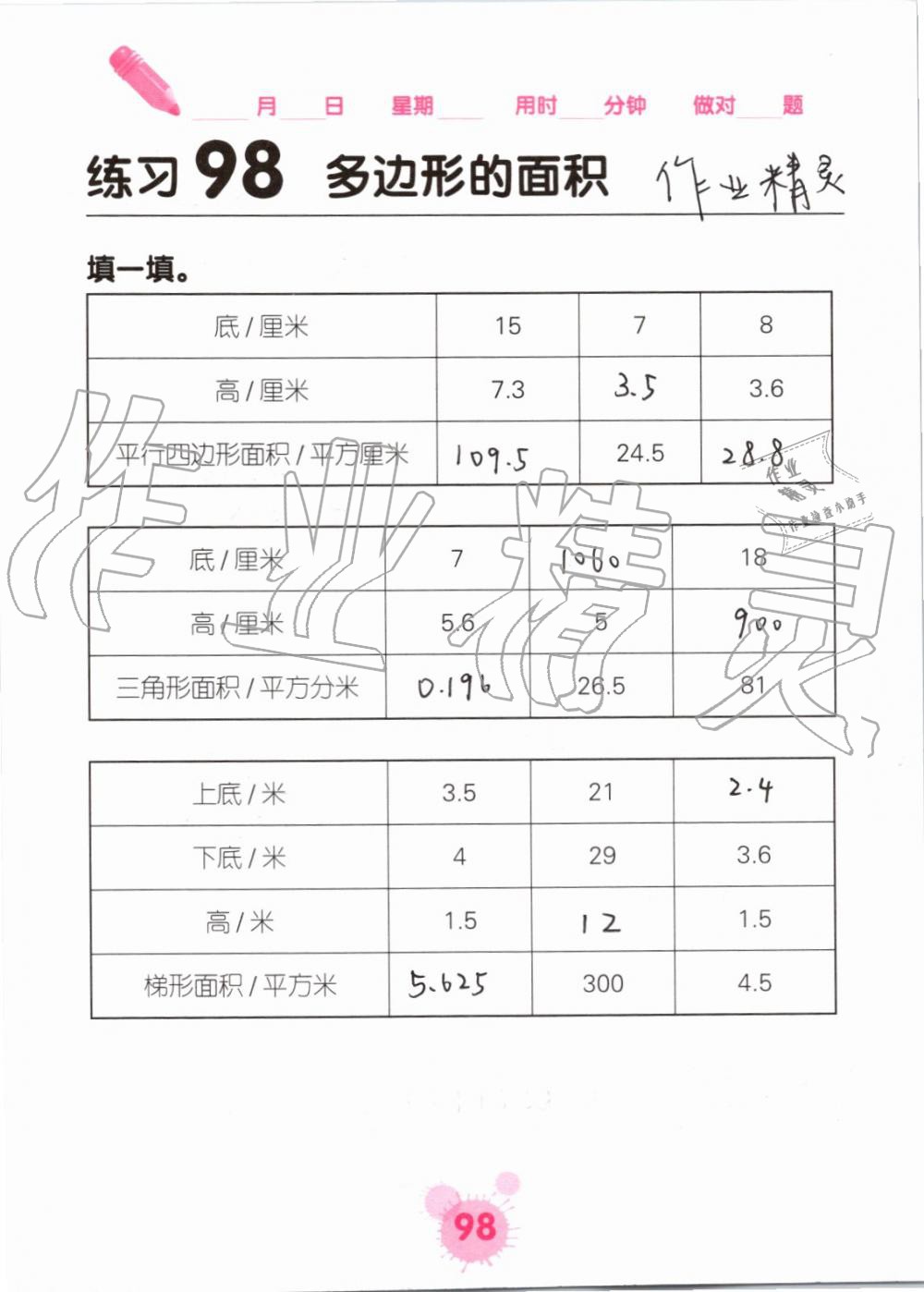 2019年口算天天練口算題卡五年級數(shù)學(xué)上冊人教版 第98頁