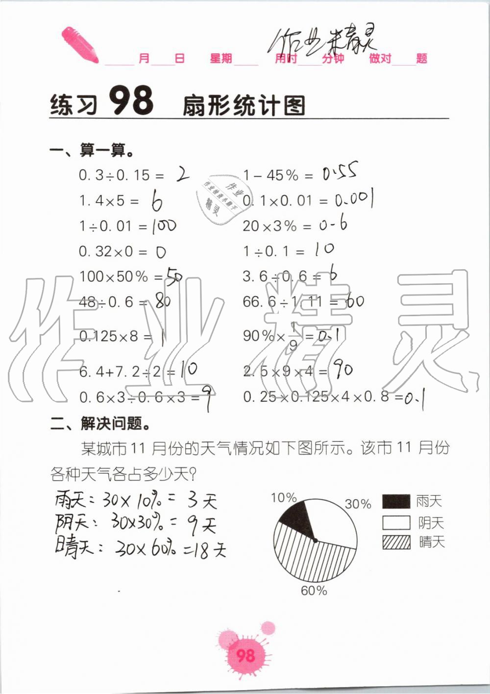 2019年口算天天練口算題卡六年級(jí)數(shù)學(xué)上冊(cè)人教版 第98頁(yè)