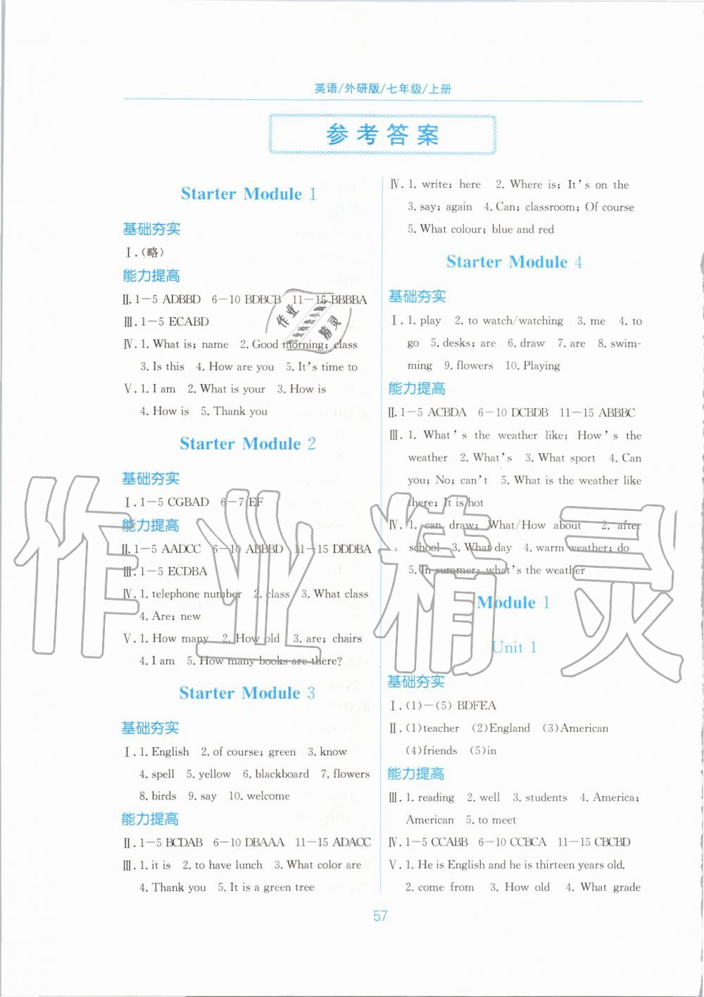 2019年新编基础训练七年级英语上册外研版 第1页