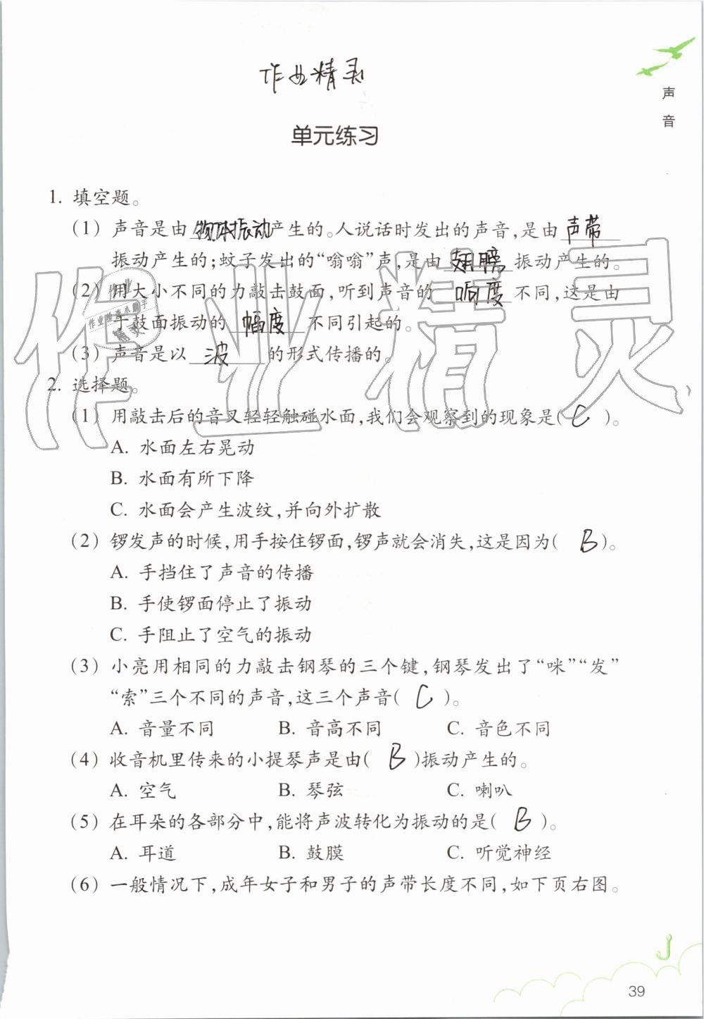 2019年科学作业本四年级上册教科版浙江教育出版社 第39页