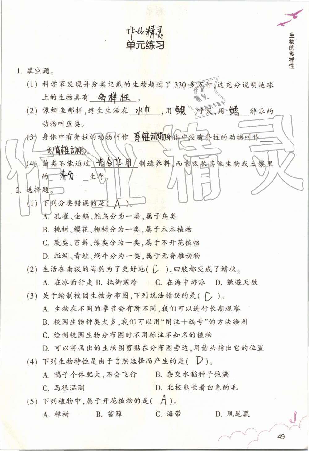 2019年科學(xué)作業(yè)本六年級(jí)上冊教科版浙江教育出版社 第49頁