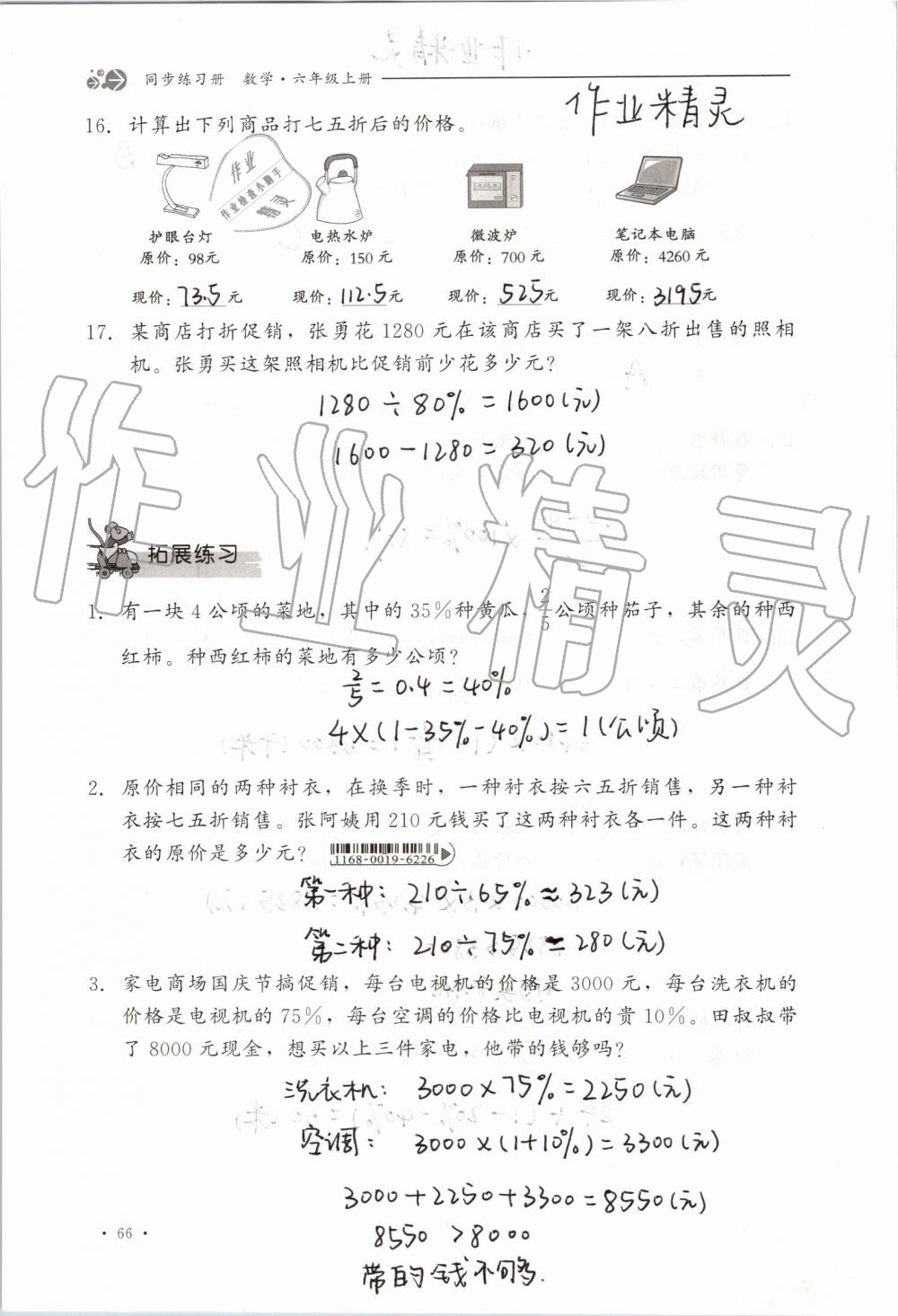 2019年同步练习册六年级数学上册冀教版河北教育出版社 第66页