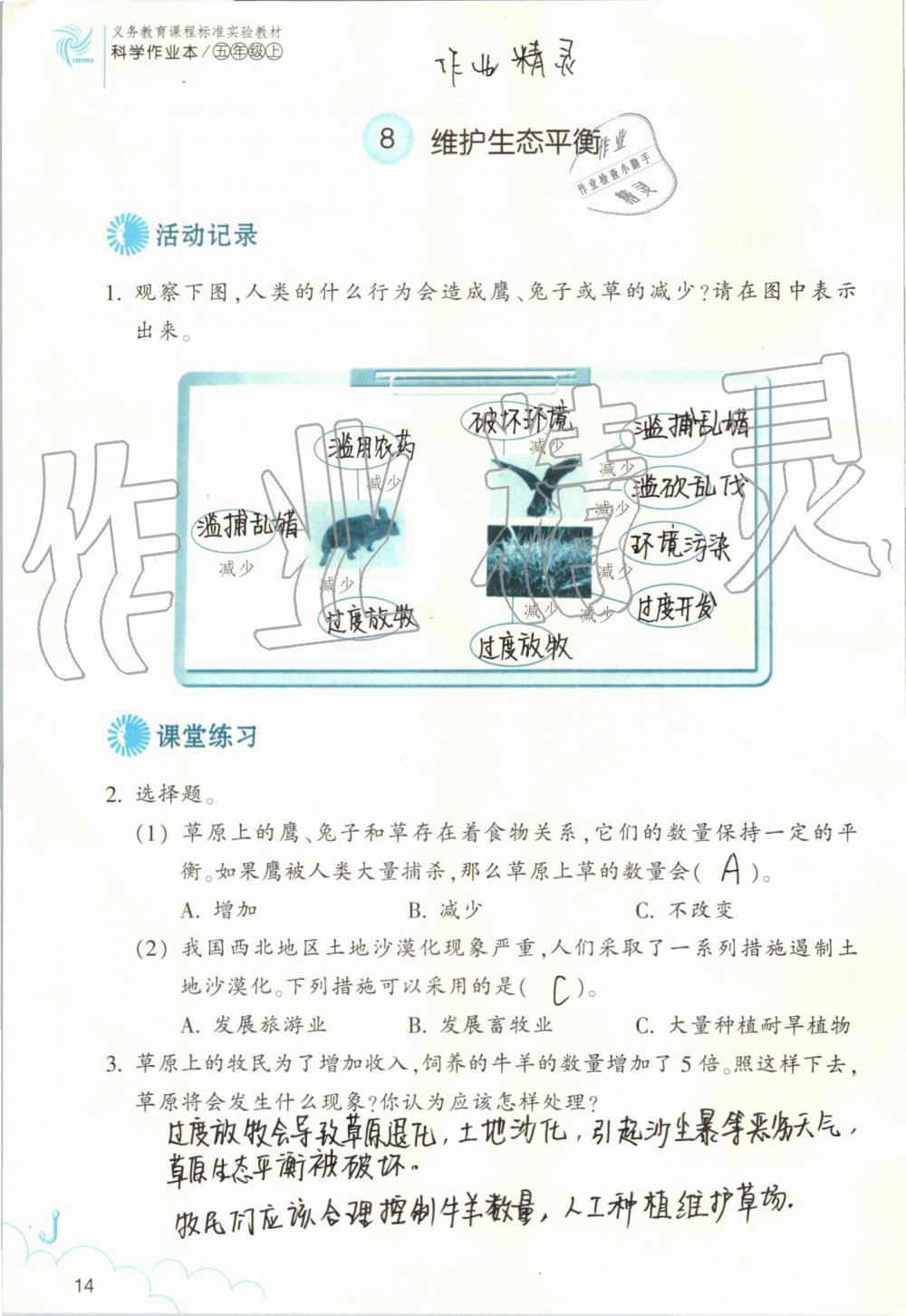 2019年作業(yè)本五年級科學(xué)上冊教科版浙江教育出版社 第14頁