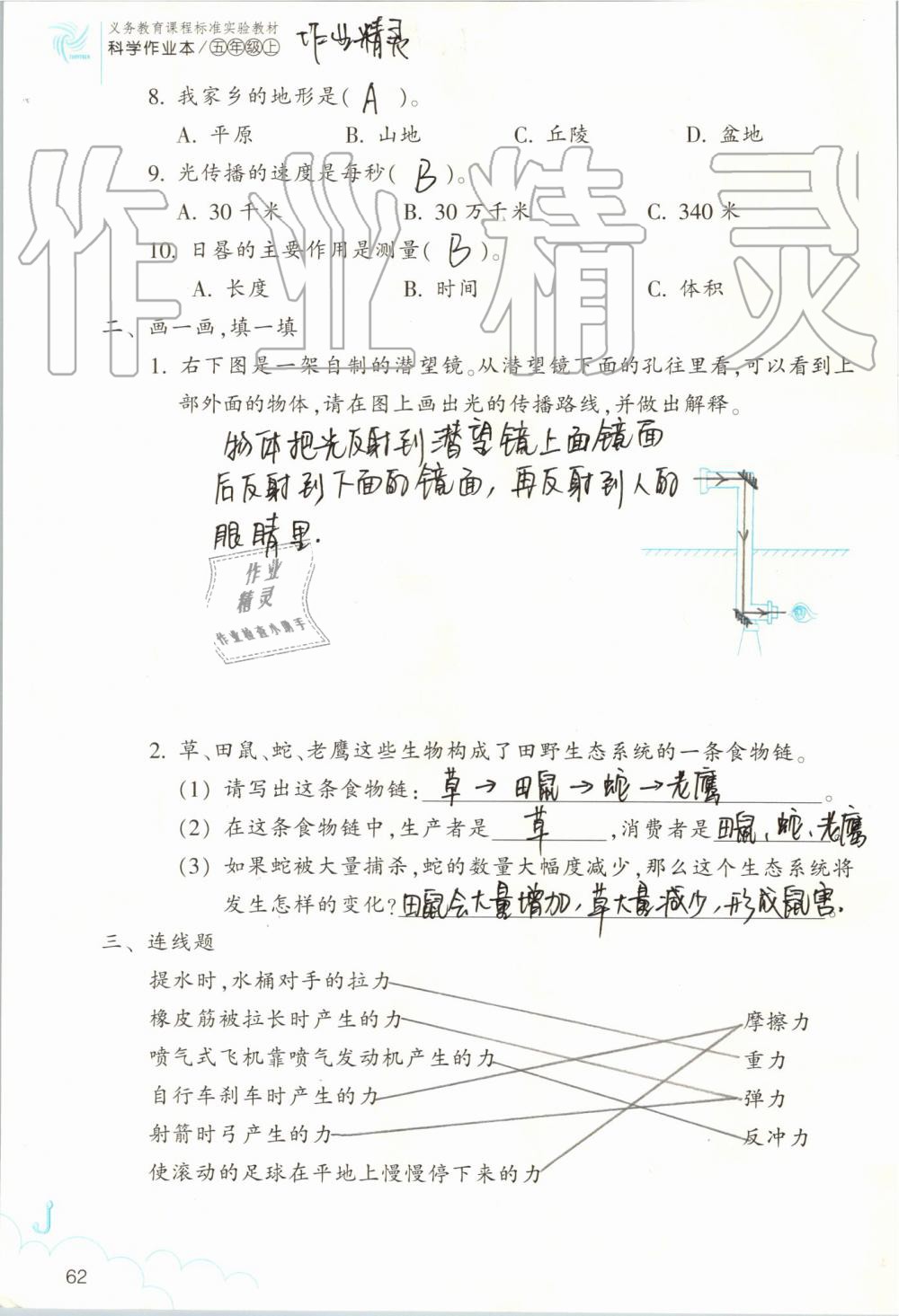 2019年作業(yè)本五年級(jí)科學(xué)上冊(cè)教科版浙江教育出版社 第62頁(yè)