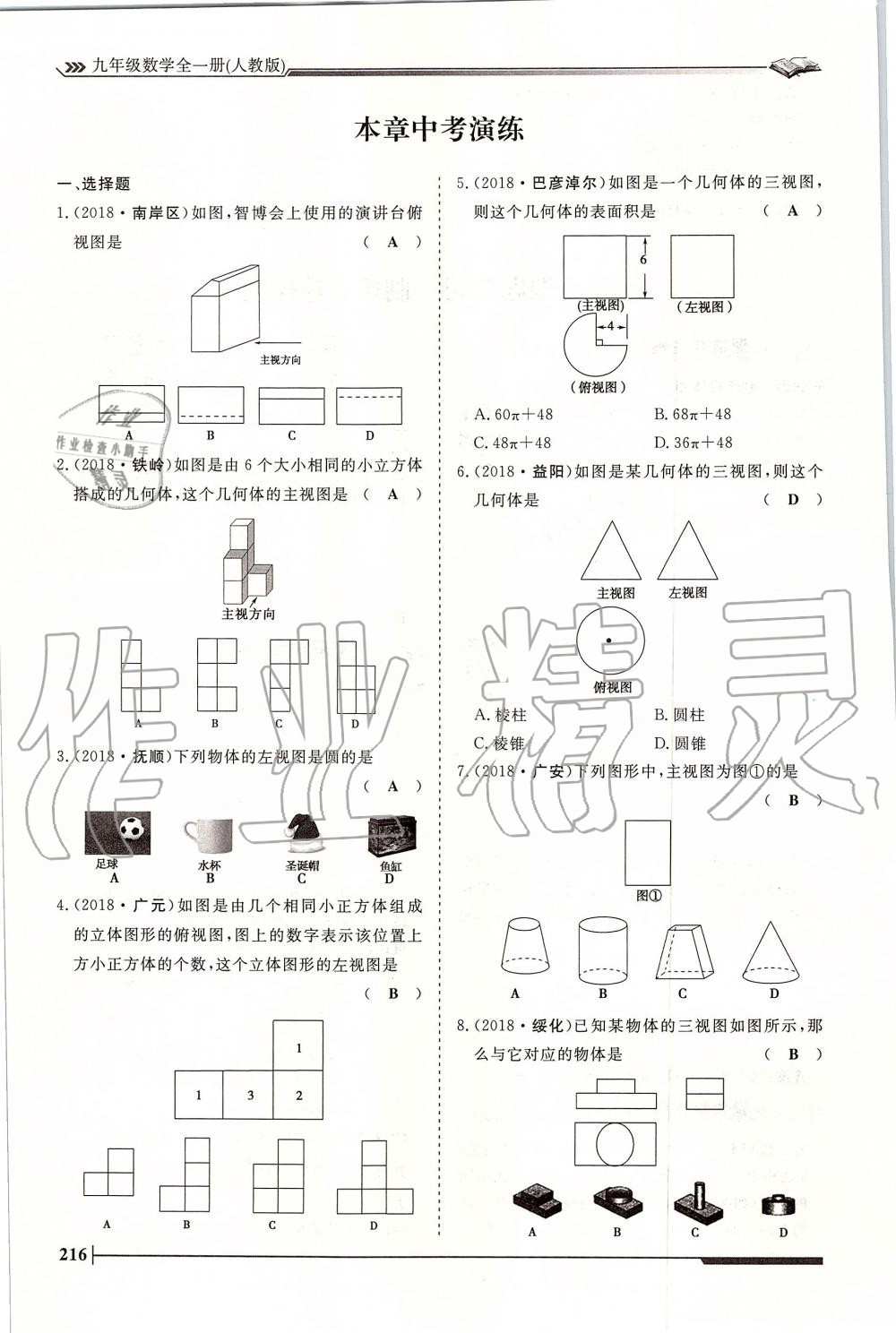 2019年標(biāo)準(zhǔn)課堂作業(yè)九年級(jí)數(shù)學(xué)全一冊(cè)人教版 第216頁(yè)