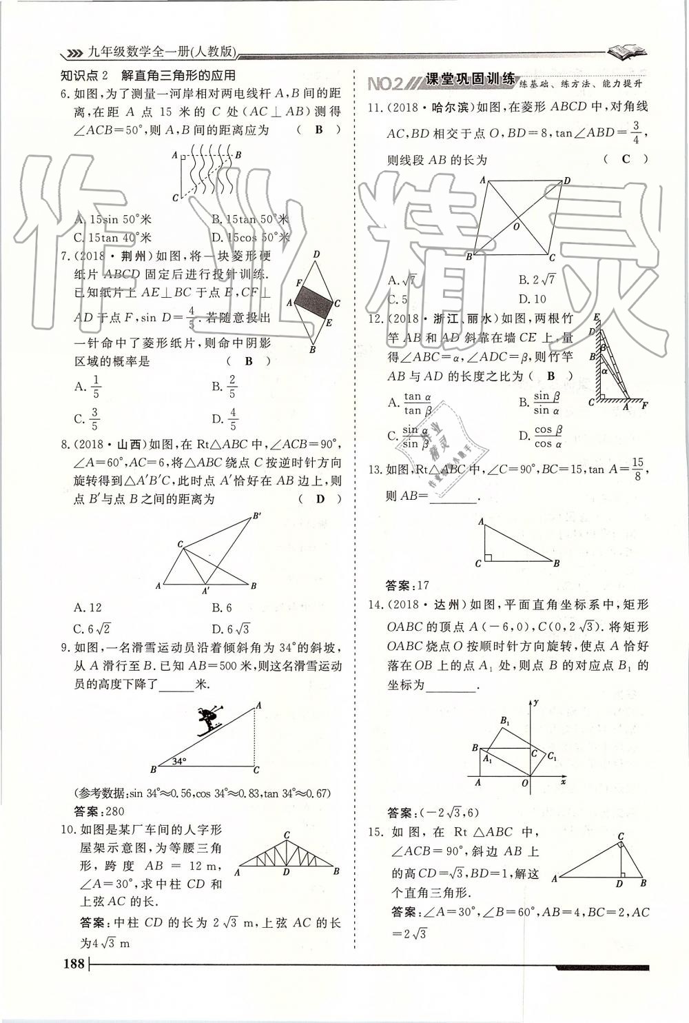 2019年标准课堂作业九年级数学全一册人教版 第188页