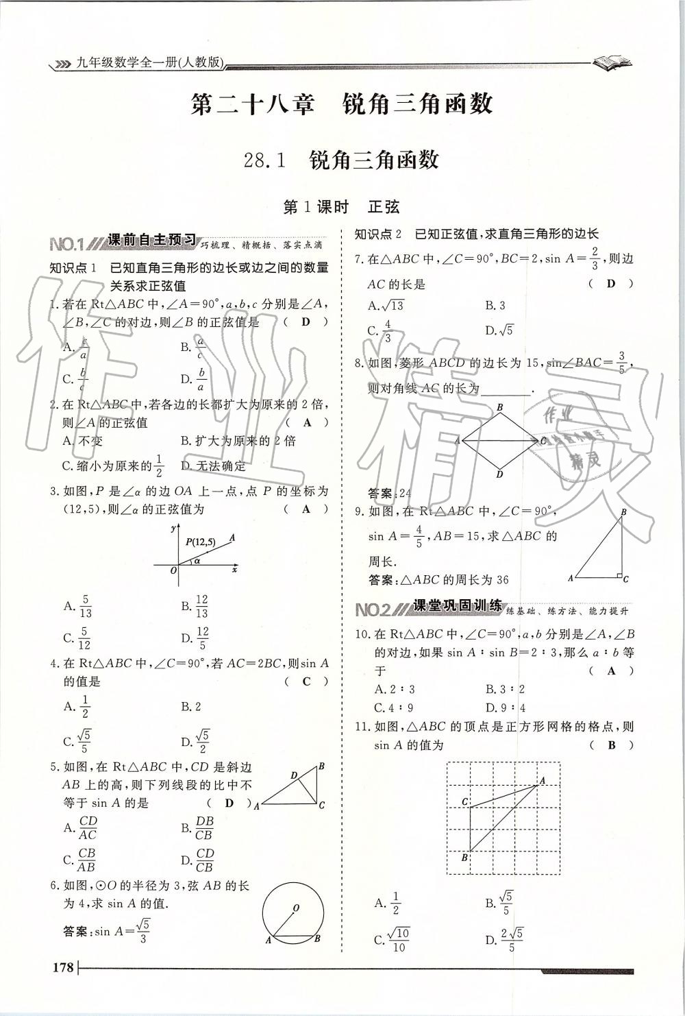 2019年标准课堂作业九年级数学全一册人教版 第178页