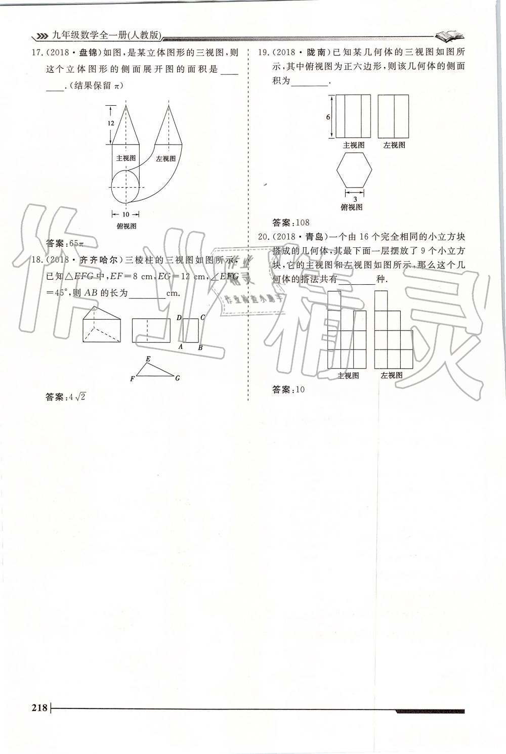 2019年標(biāo)準(zhǔn)課堂作業(yè)九年級數(shù)學(xué)全一冊人教版 第218頁