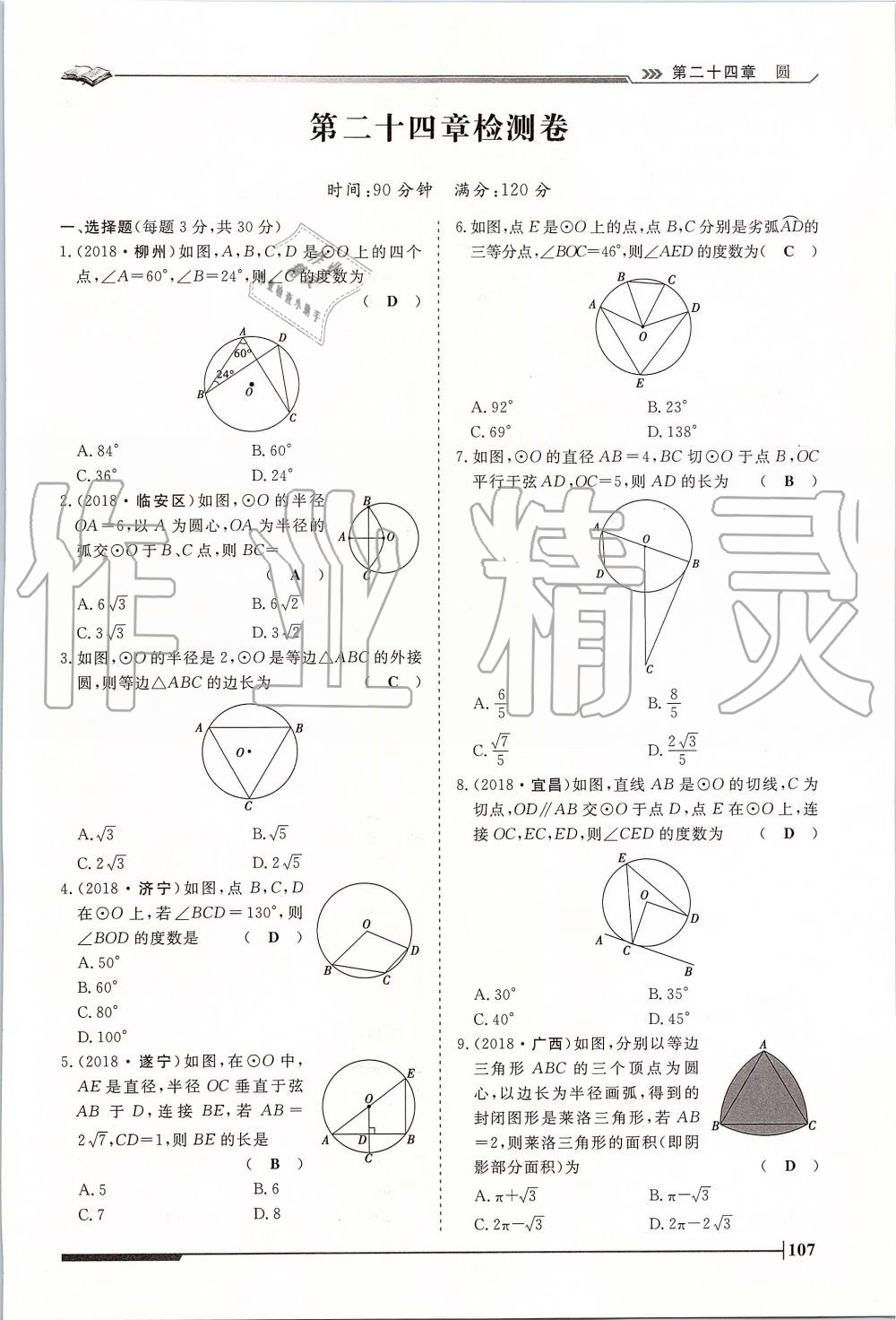 2019年標(biāo)準(zhǔn)課堂作業(yè)九年級(jí)數(shù)學(xué)全一冊(cè)人教版 第107頁