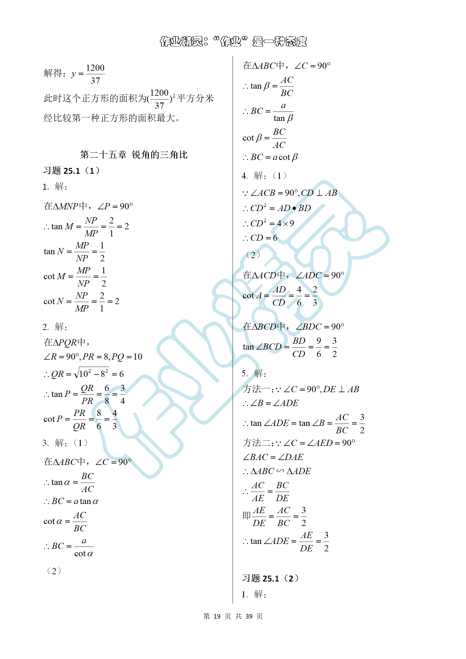 2019年數(shù)學練習部分九年級第一學期滬教版 第19頁