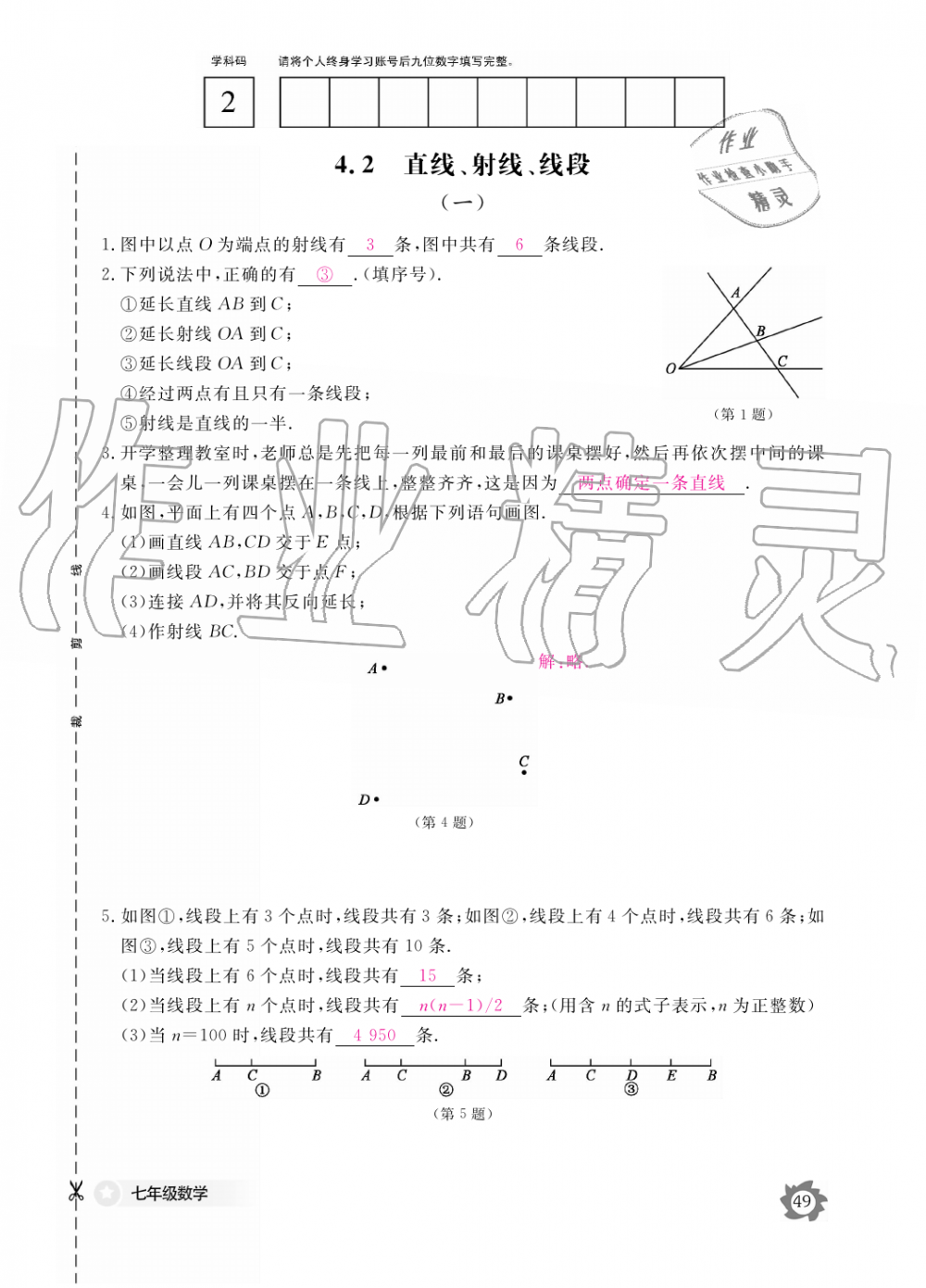 2019年數(shù)學(xué)作業(yè)本七年級上冊人教版江西教育出版社 第49頁