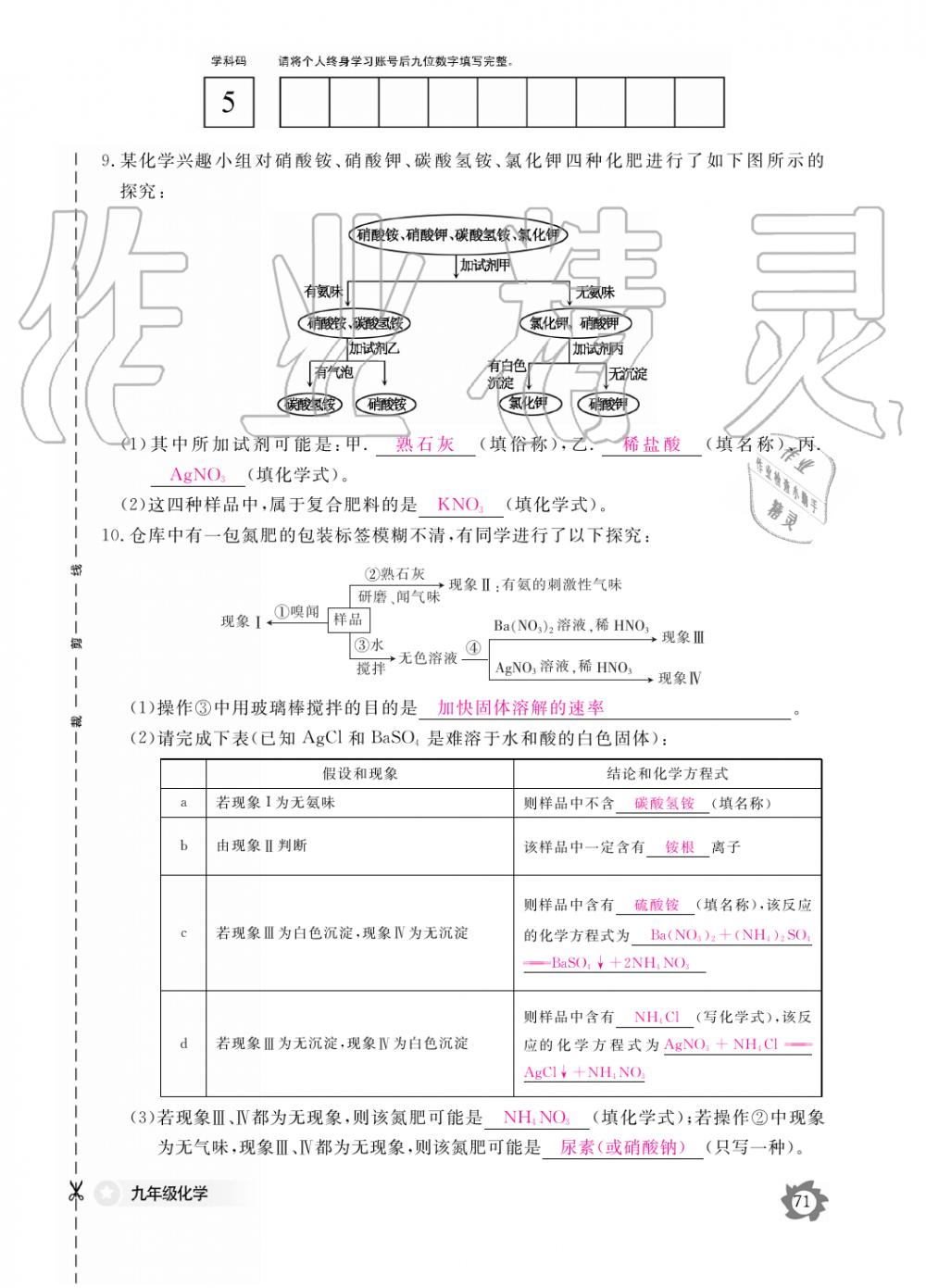 2019年化学作业本九年级全一册人教版江西教育出版社 第71页